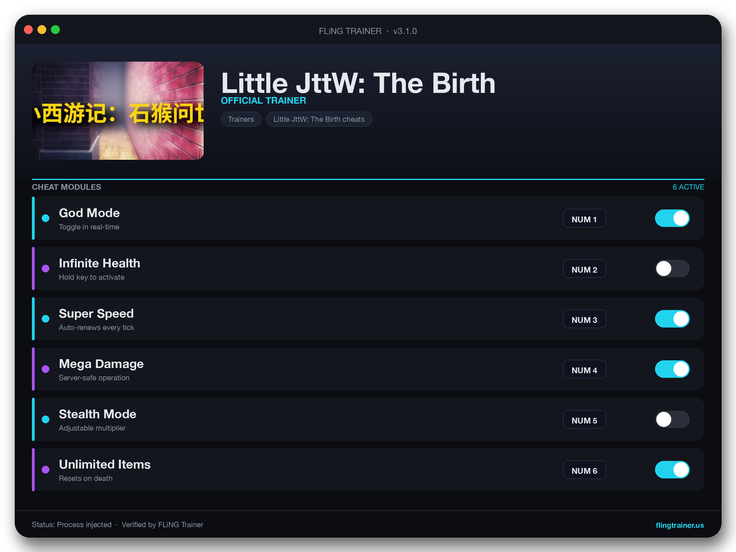 Little JttW: The Birth Trainer interface