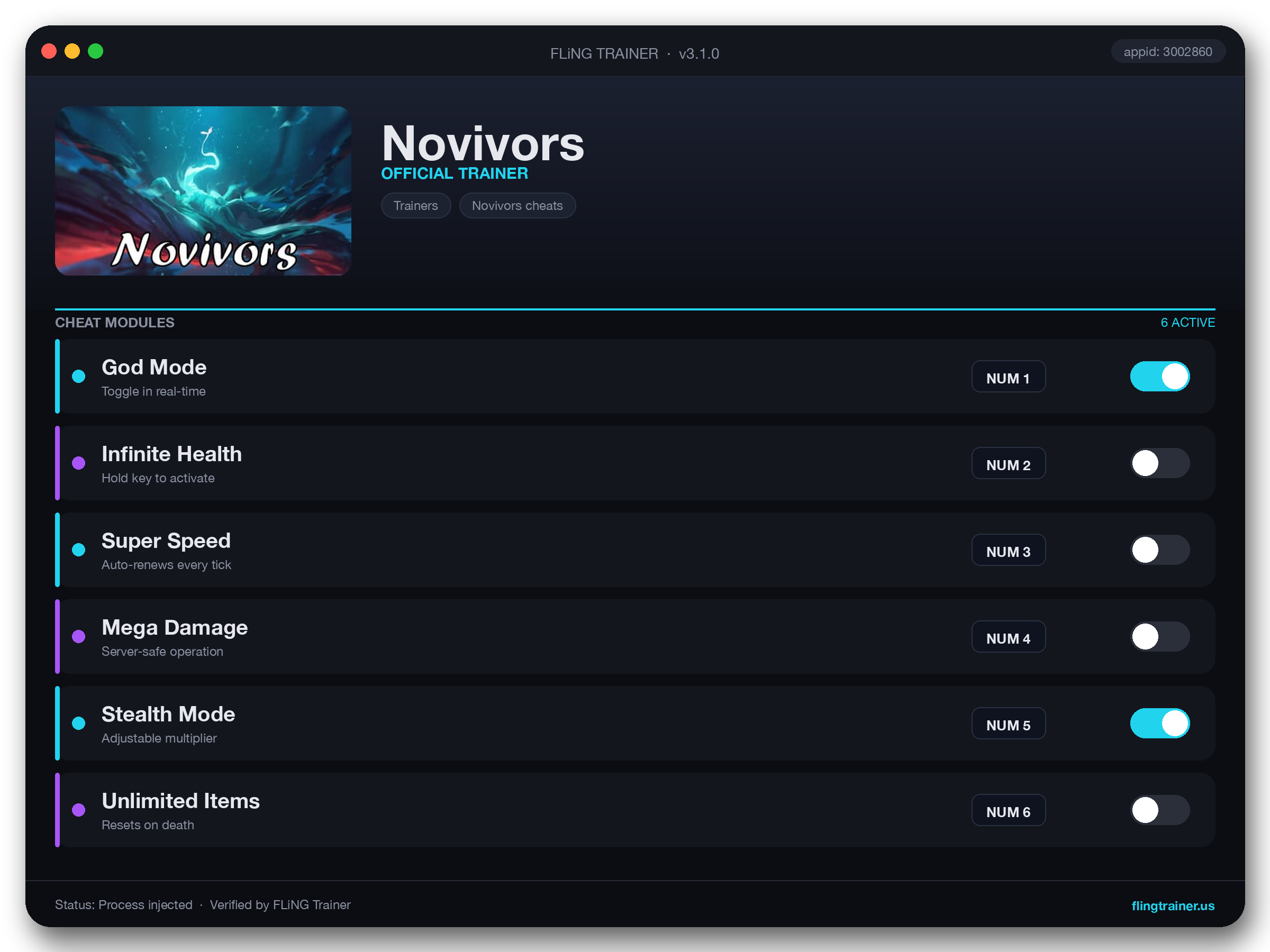 Novivors Trainer interface