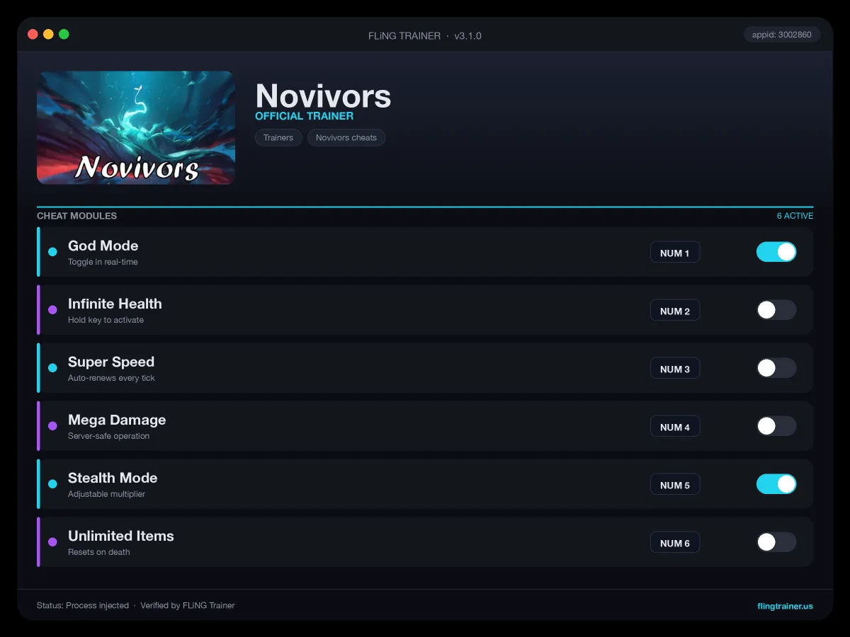 Novivors Trainer interface