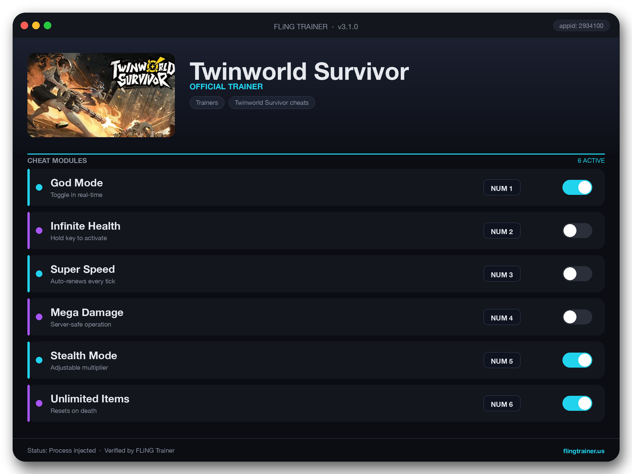 Twinworld Survivor Trainer interface