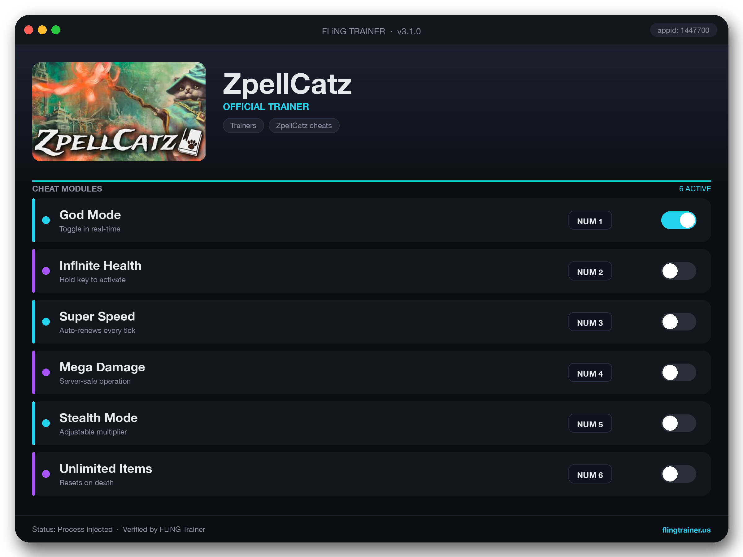 ZpellCatz Trainer interface