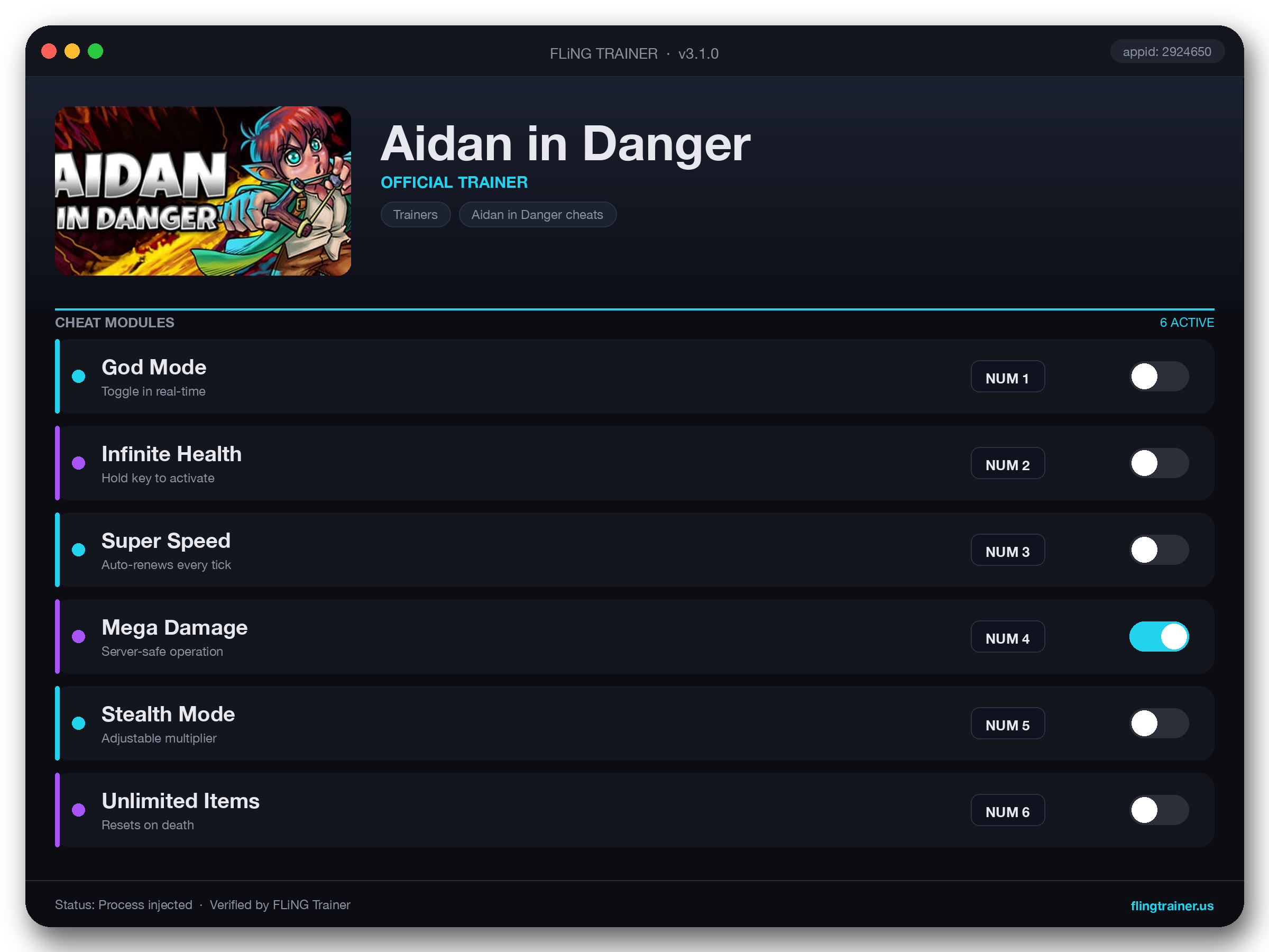 Aidan in Danger Trainer interface