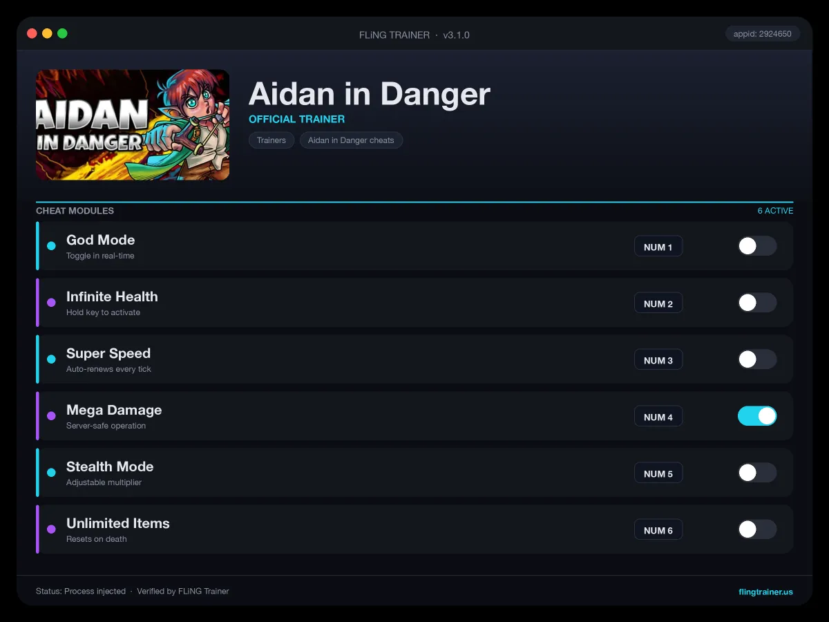 Aidan in Danger Trainer interface