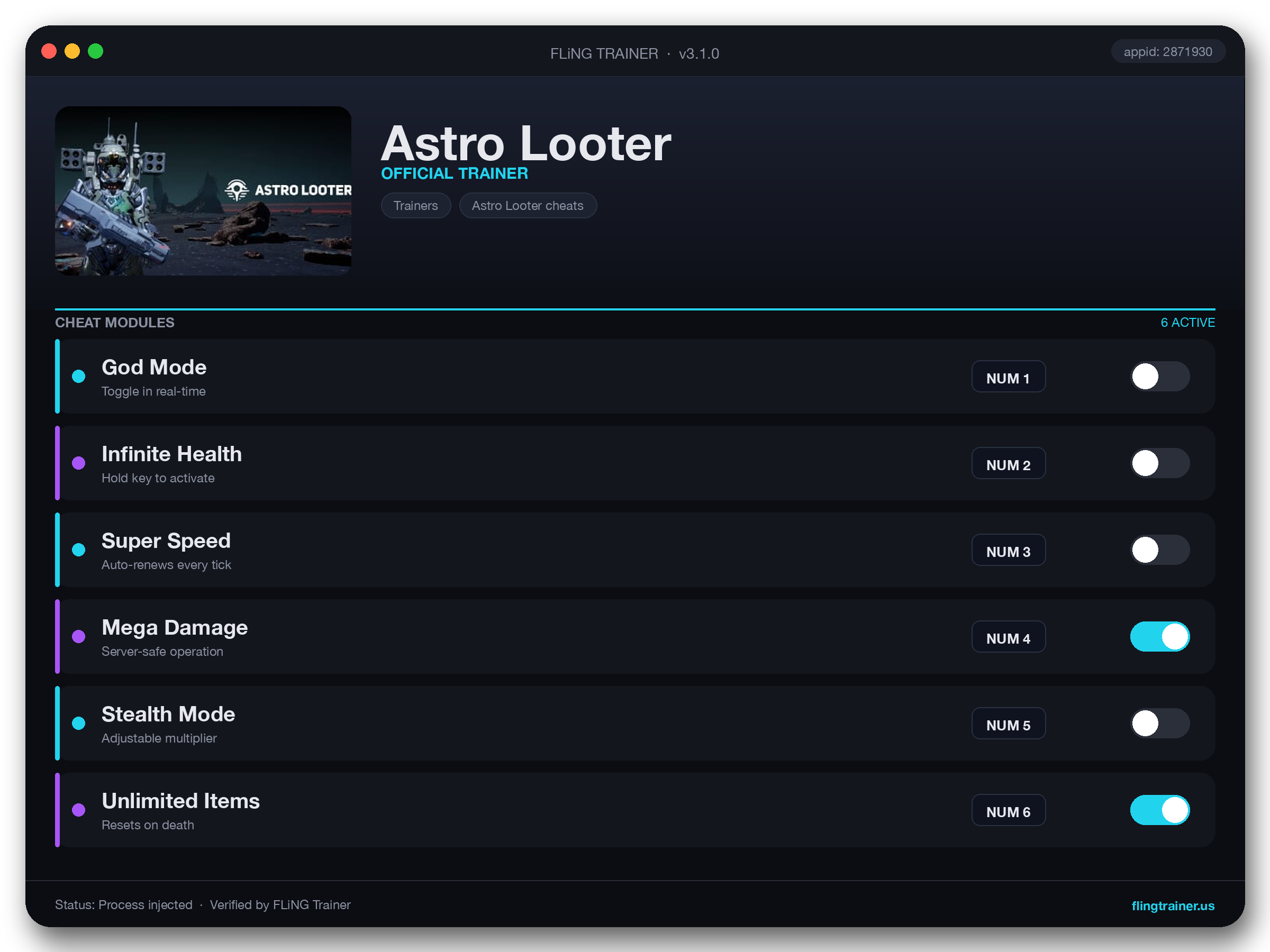 Astro Looter Trainer interface