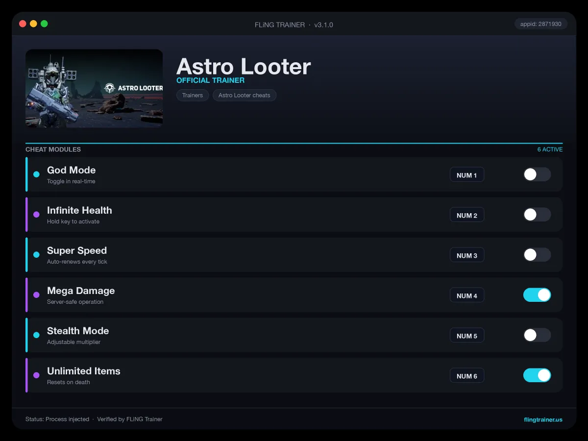 Astro Looter Trainer interface
