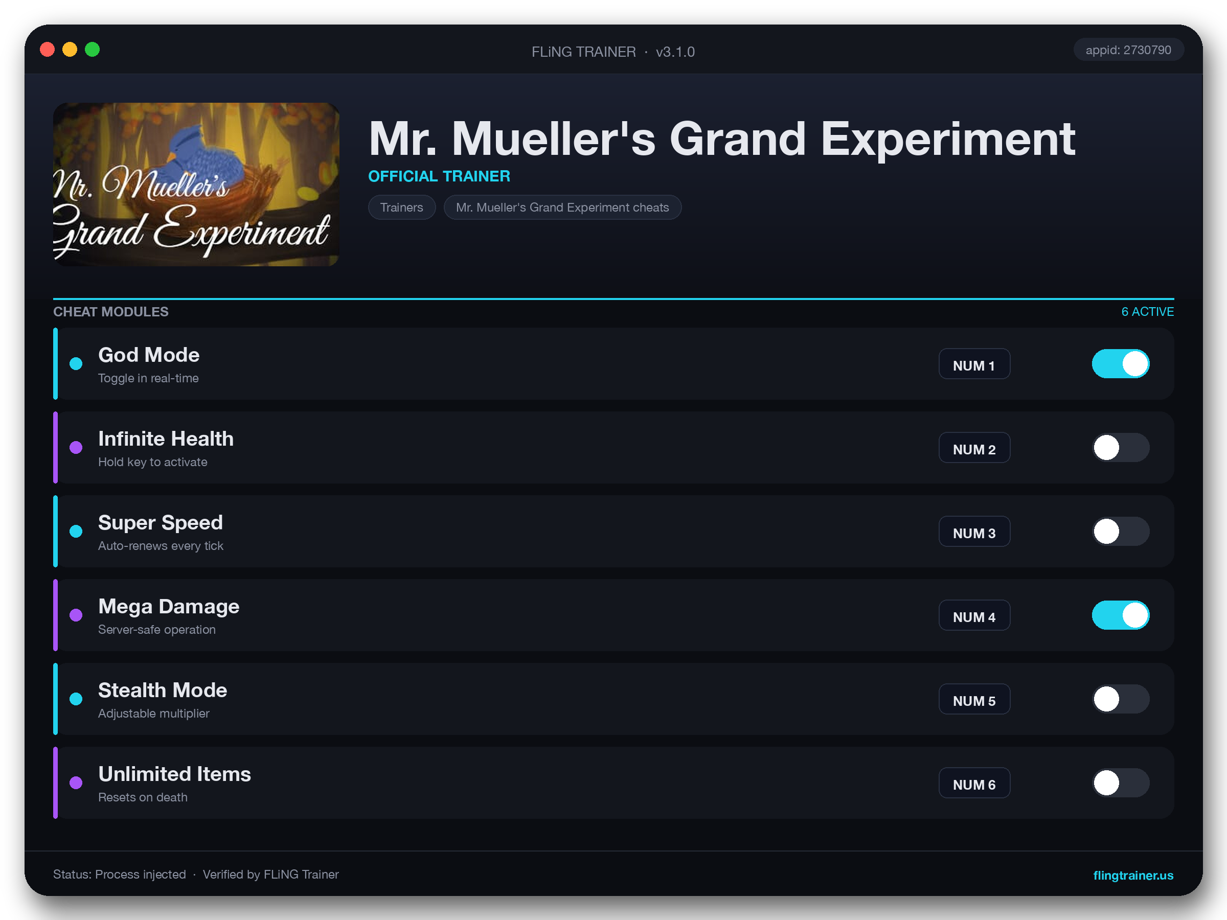 Mr. Mueller's Grand Experiment Trainer interface