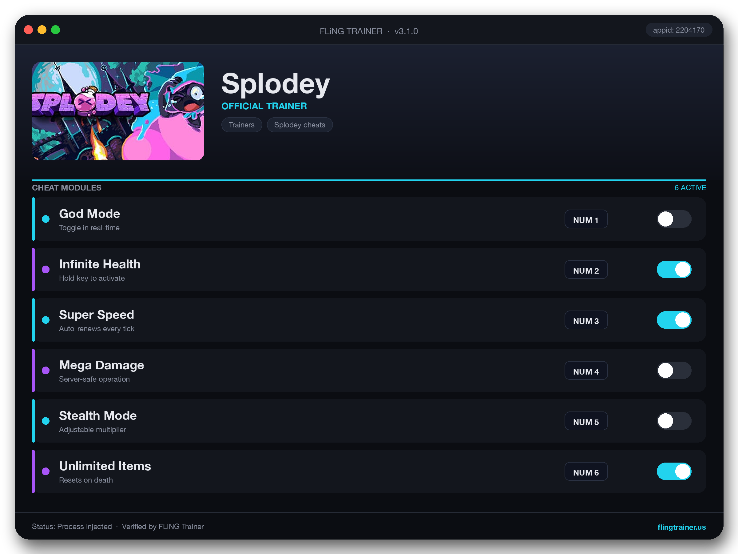 Splodey Trainer interface