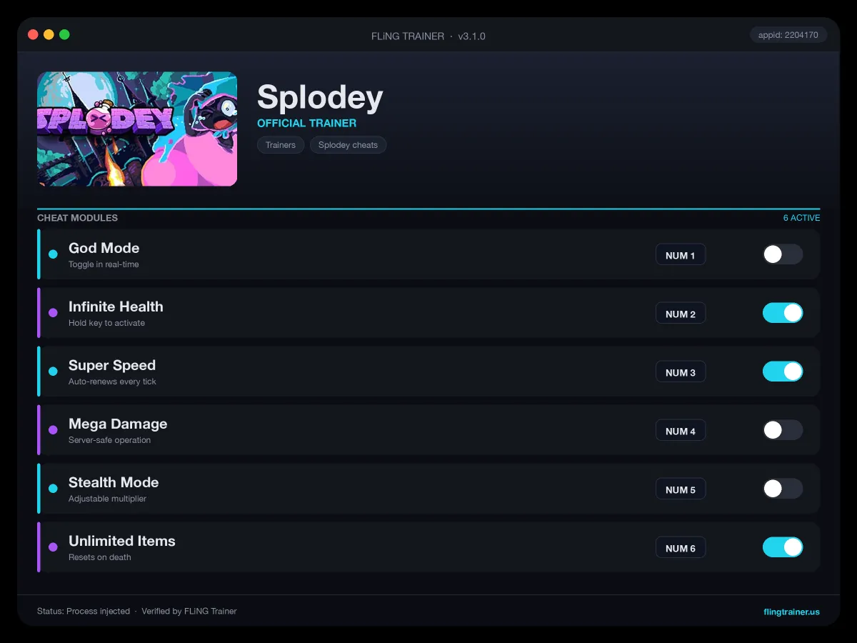 Splodey Trainer interface