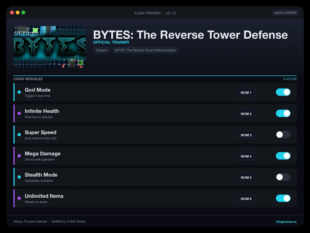 BYTES: The Reverse Tower Defense Trainer interface
