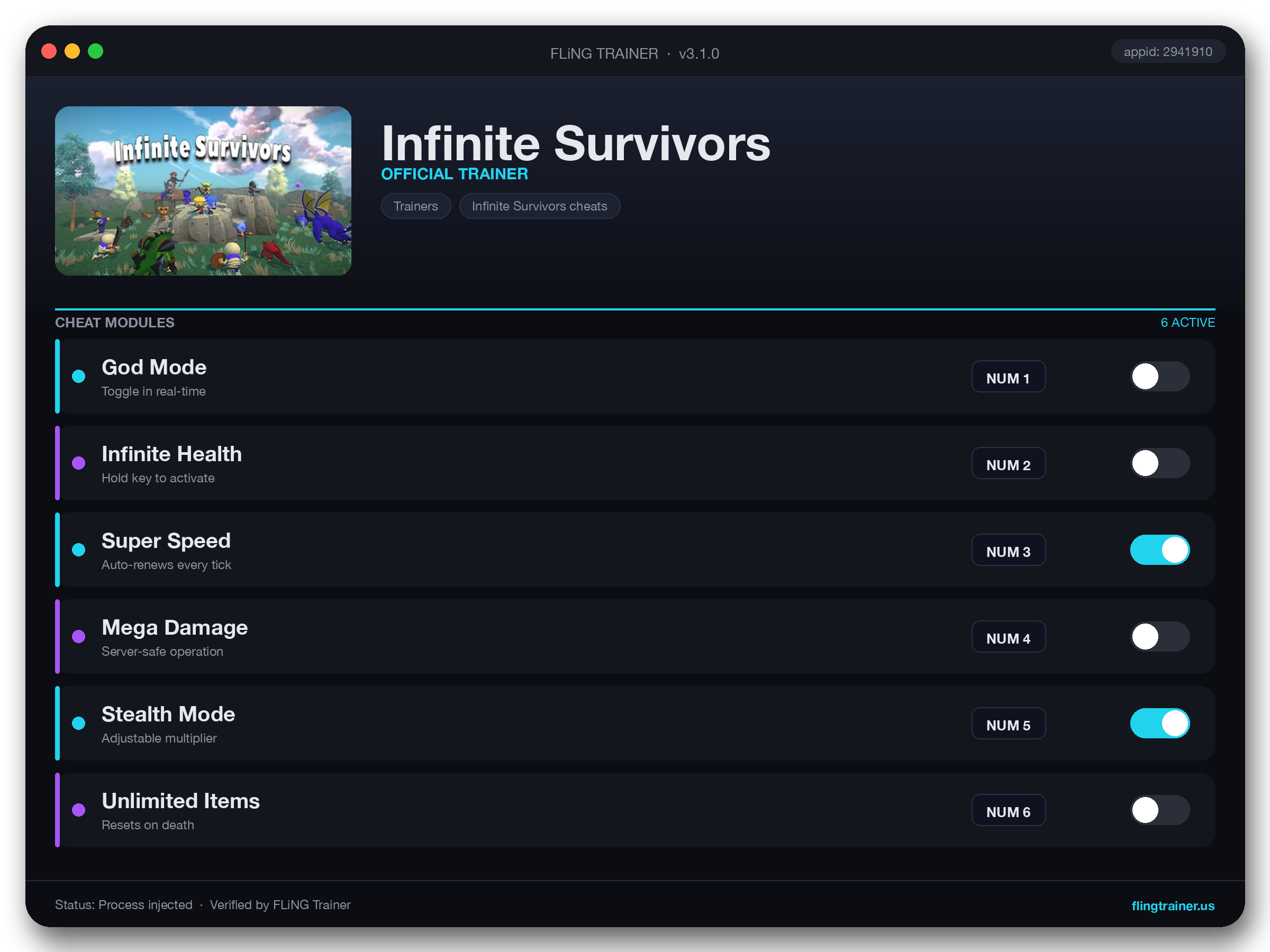 Infinite Survivors Trainer interface