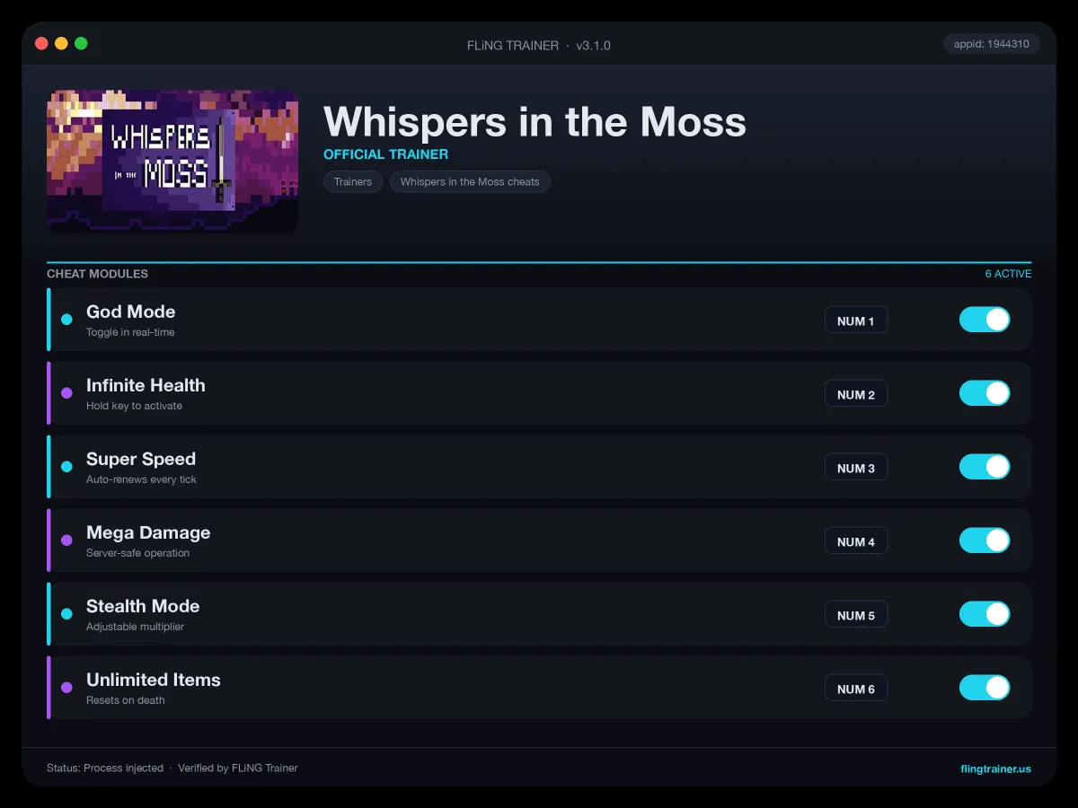 Whispers in the Moss Trainer interface