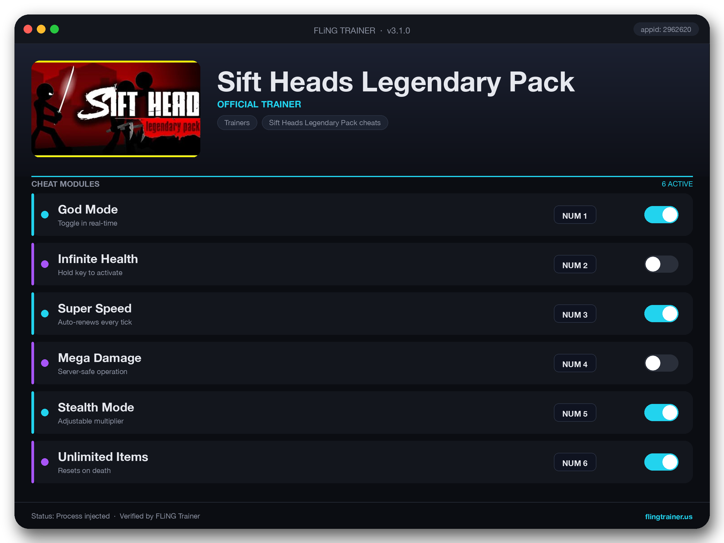 Sift Heads Legendary Pack Trainer interface
