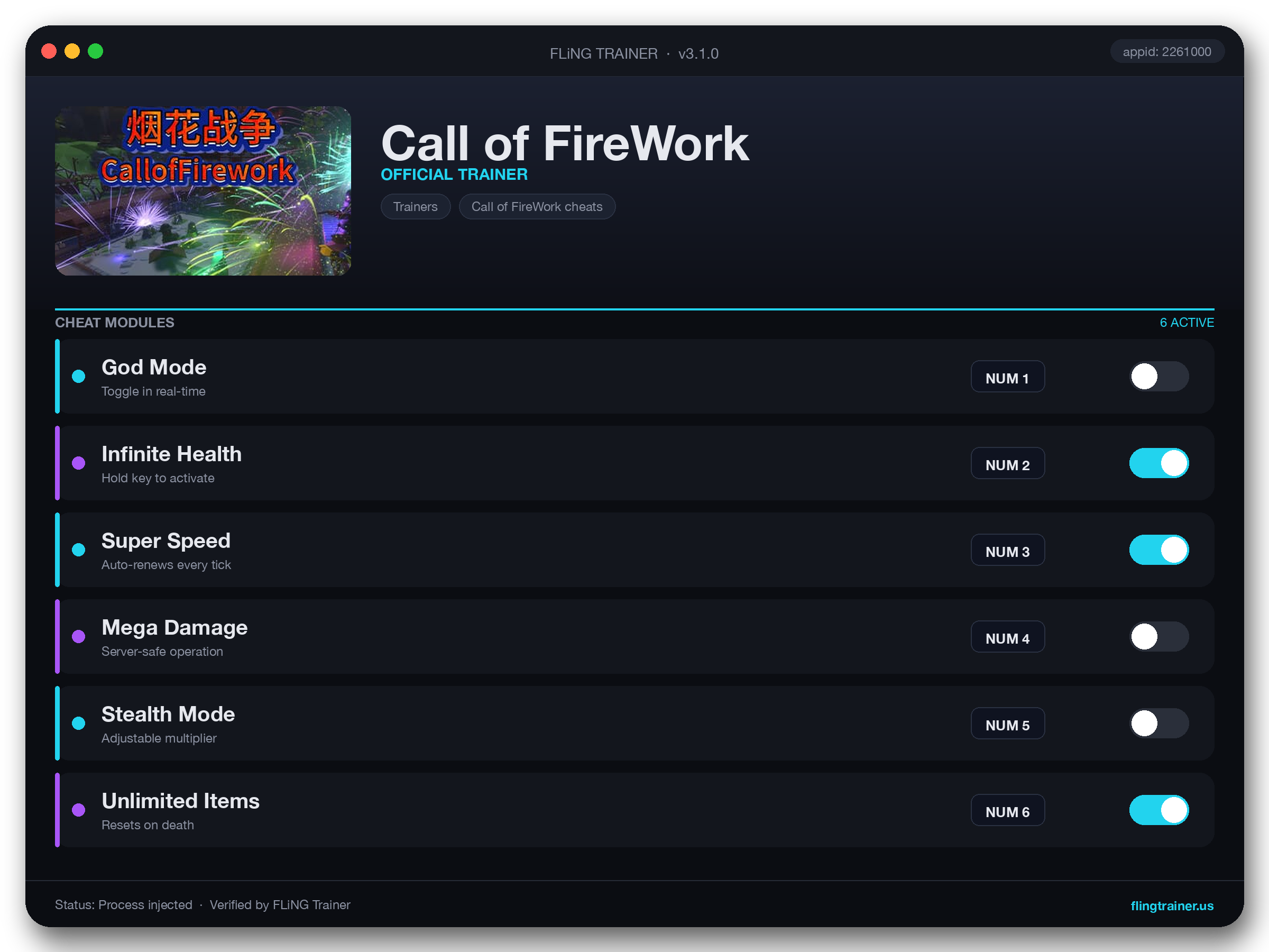 Call of FireWork Trainer interface