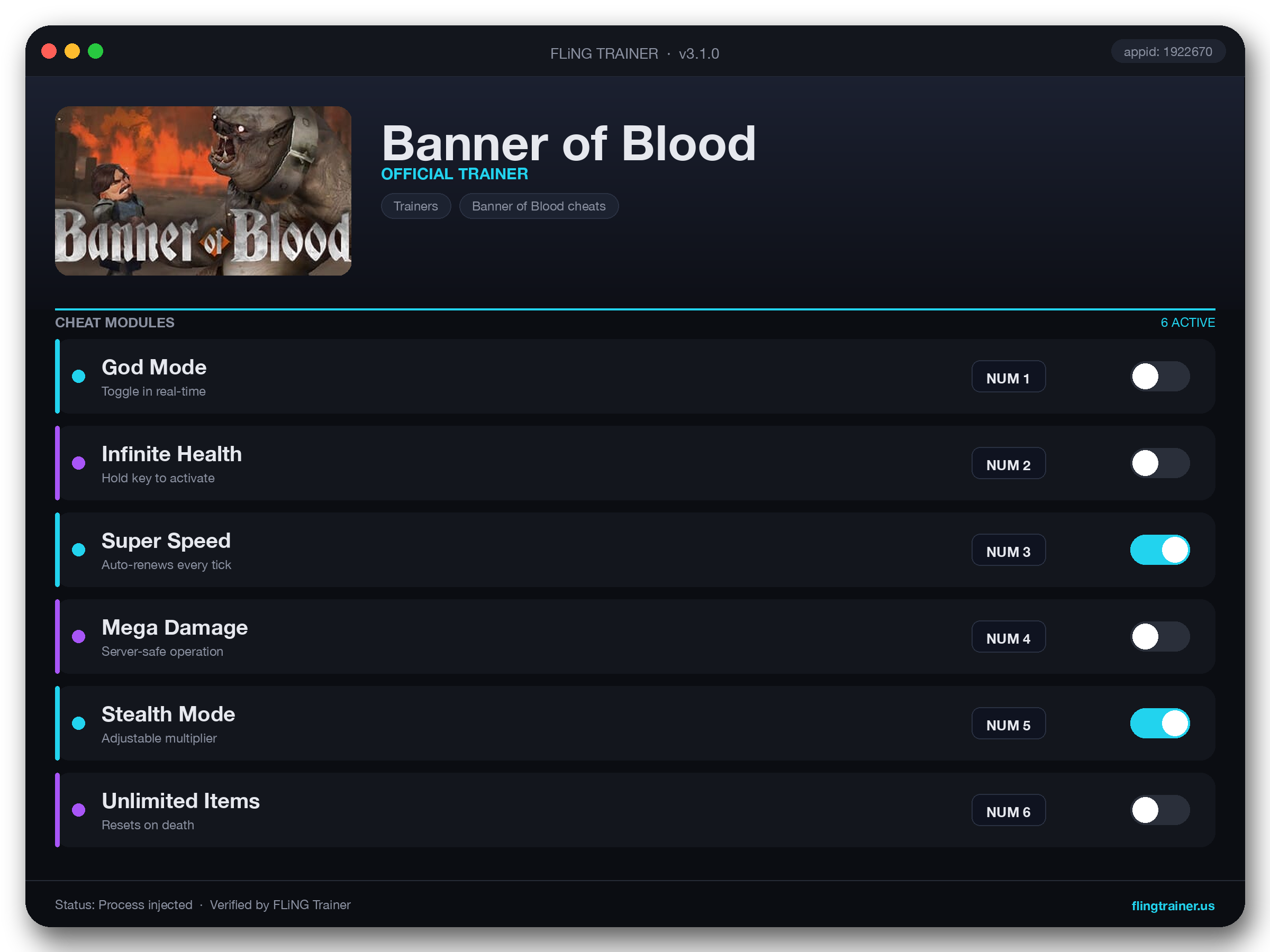 Banner of Blood Trainer interface