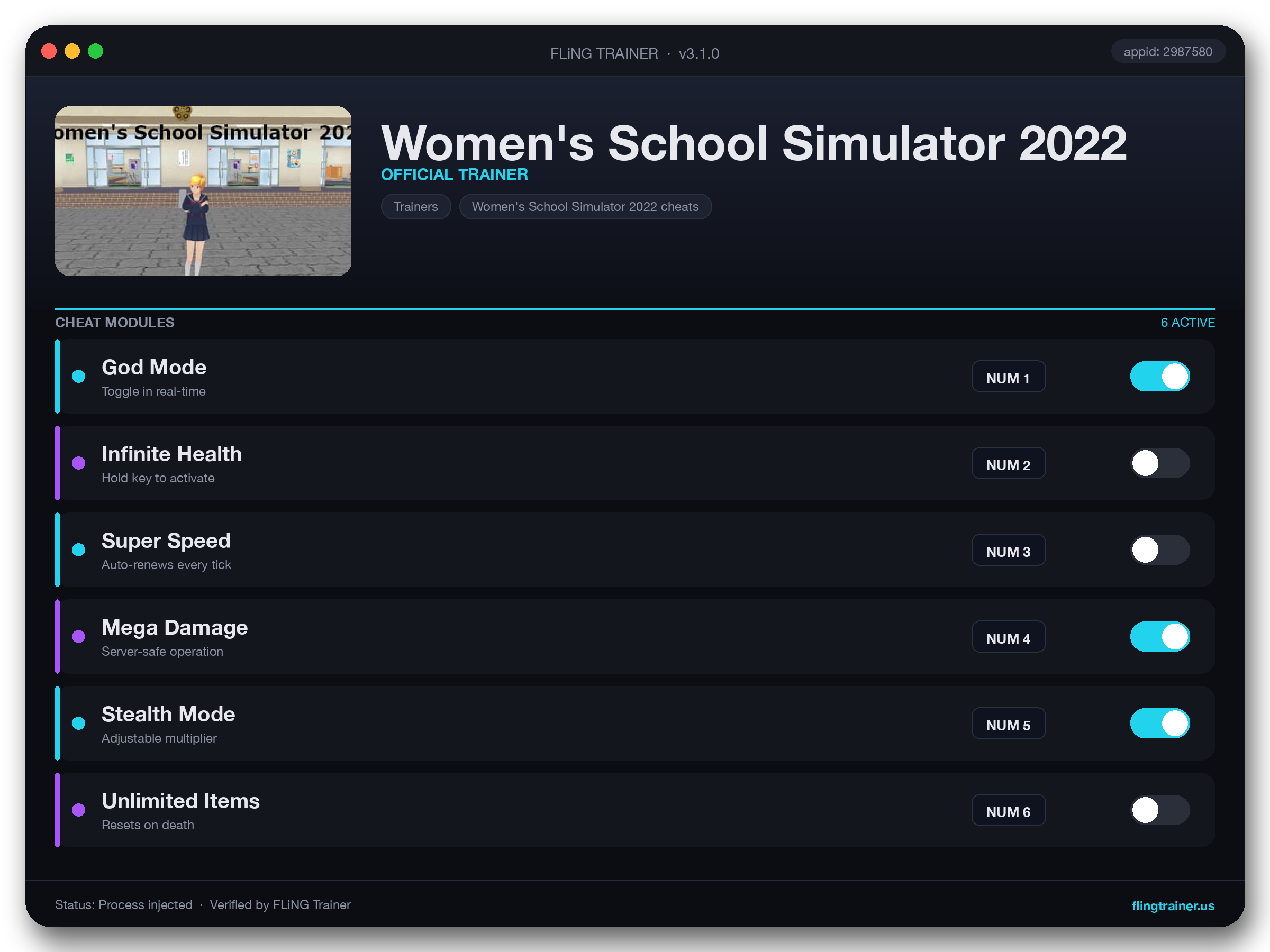 Women's School Simulator 2022 Trainer interface