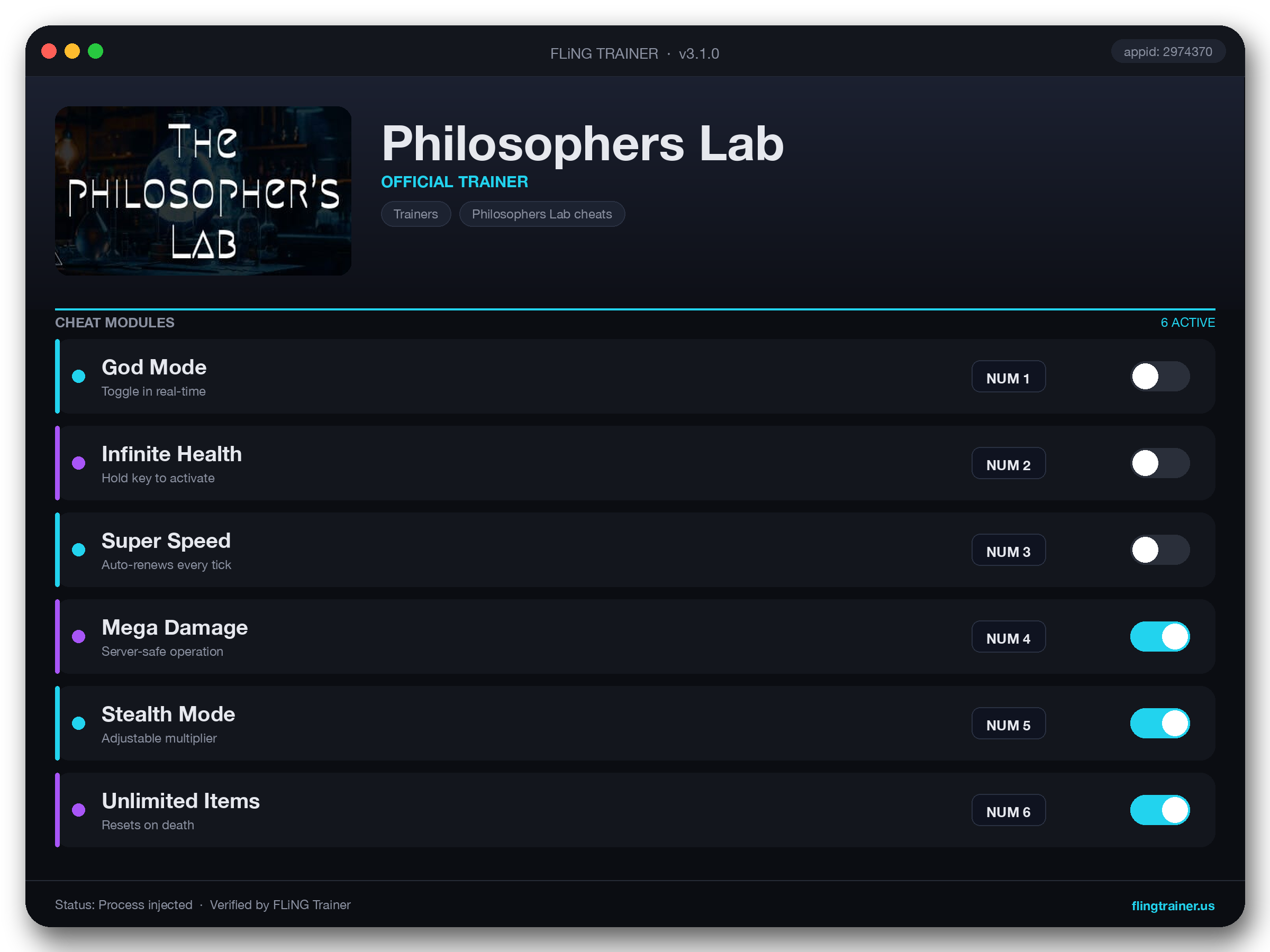 Philosophers Lab Trainer interface