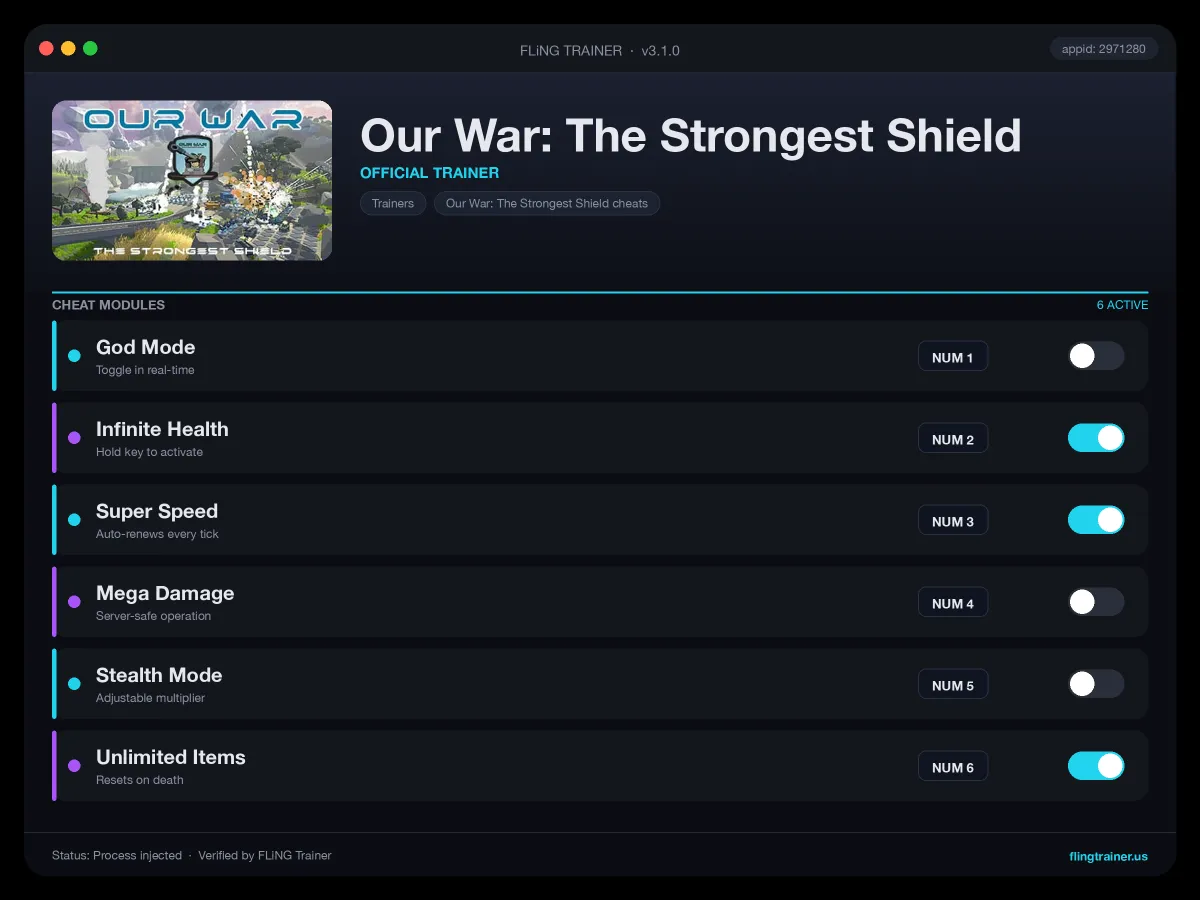 Our War: The Strongest Shield Trainer interface