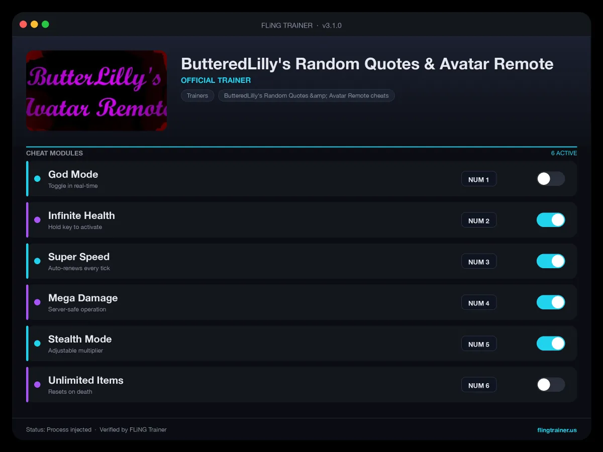 ButteredLilly's Random Quotes & Avatar Remote Trainer interface