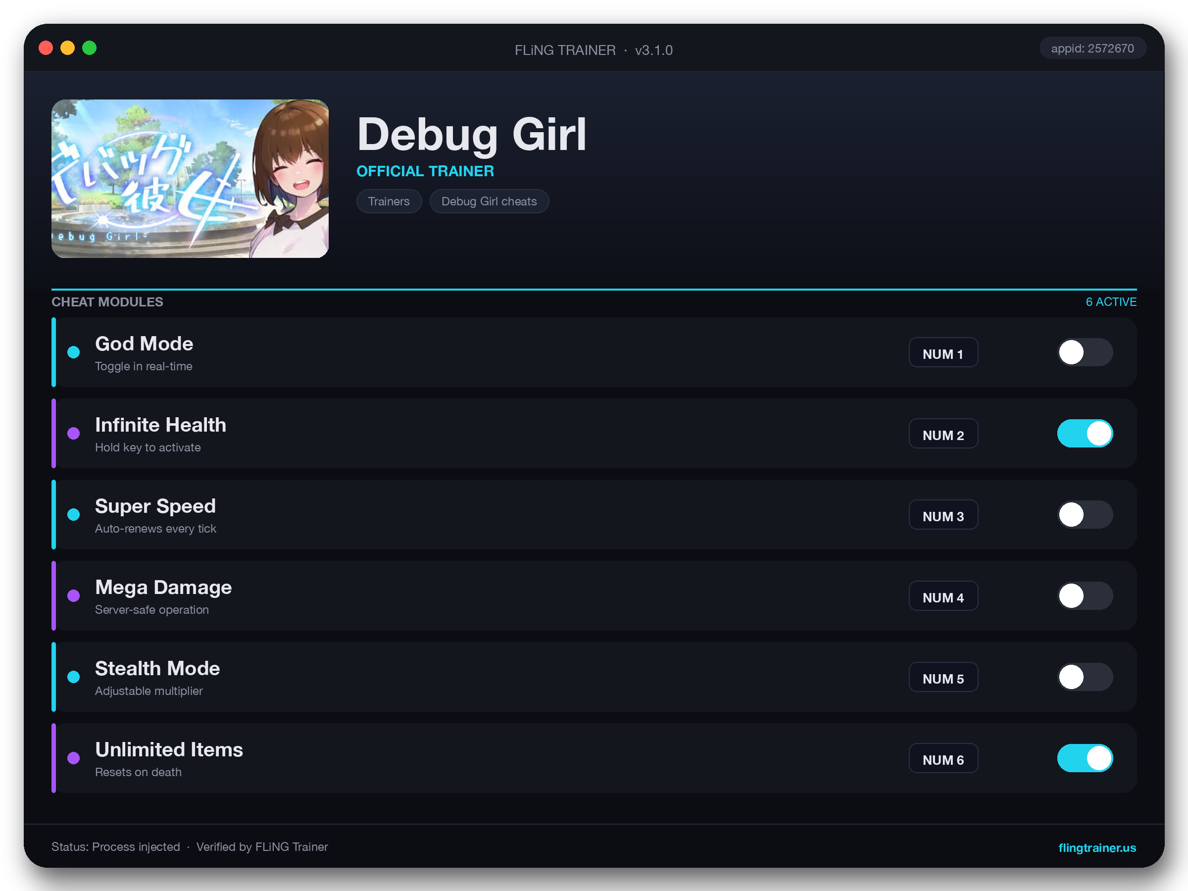 Debug Girl Trainer interface