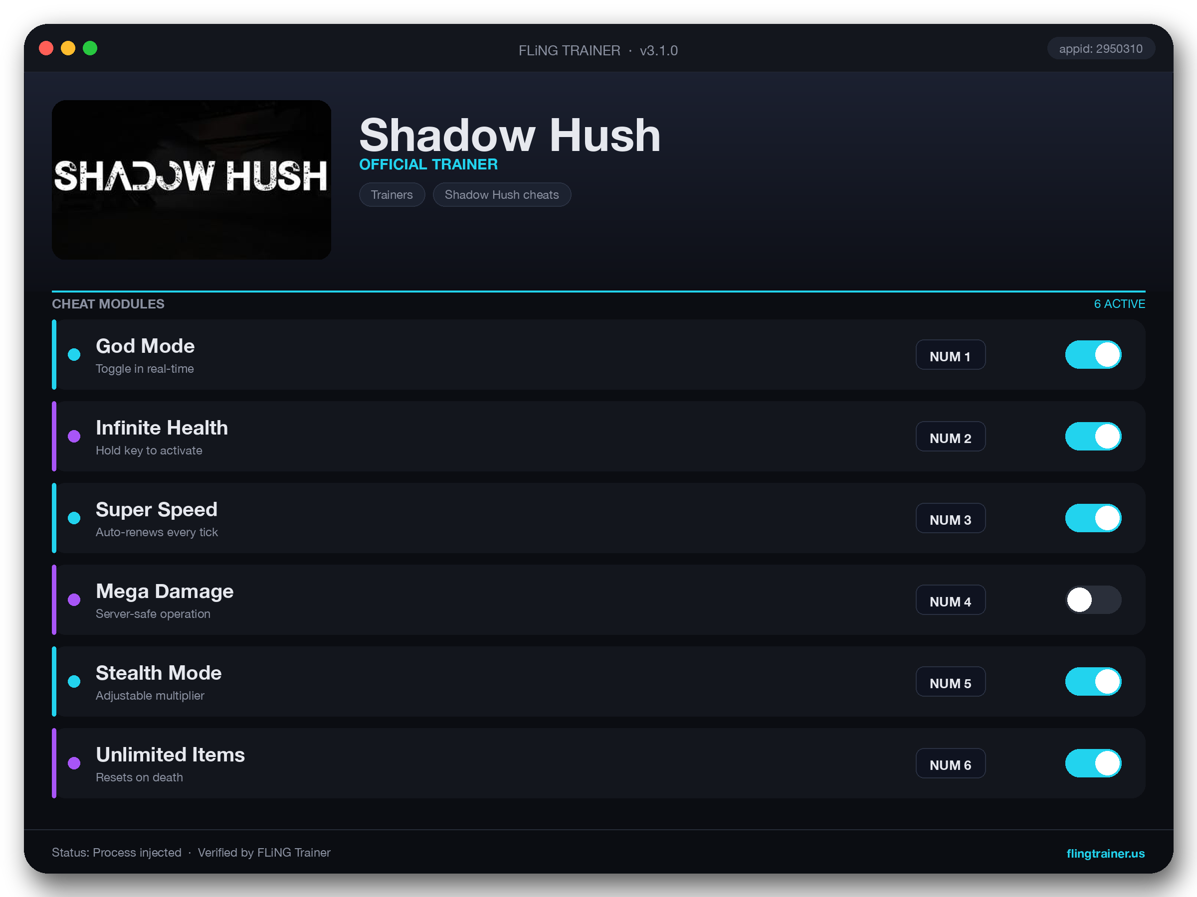 Shadow Hush Trainer interface