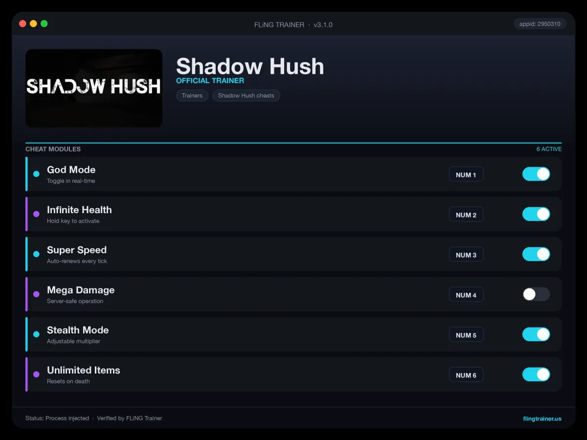 Shadow Hush Trainer interface