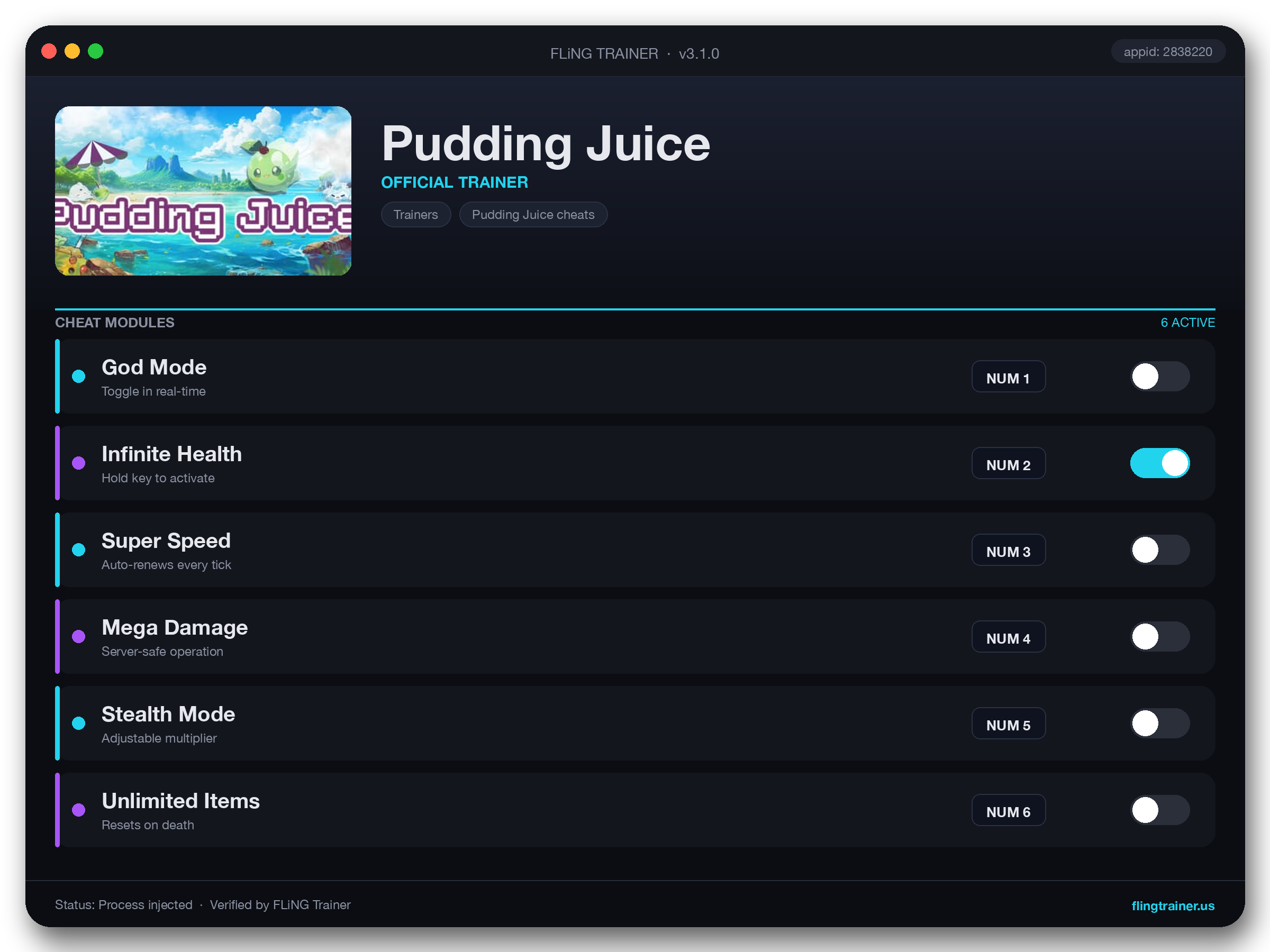Pudding Juice Trainer interface