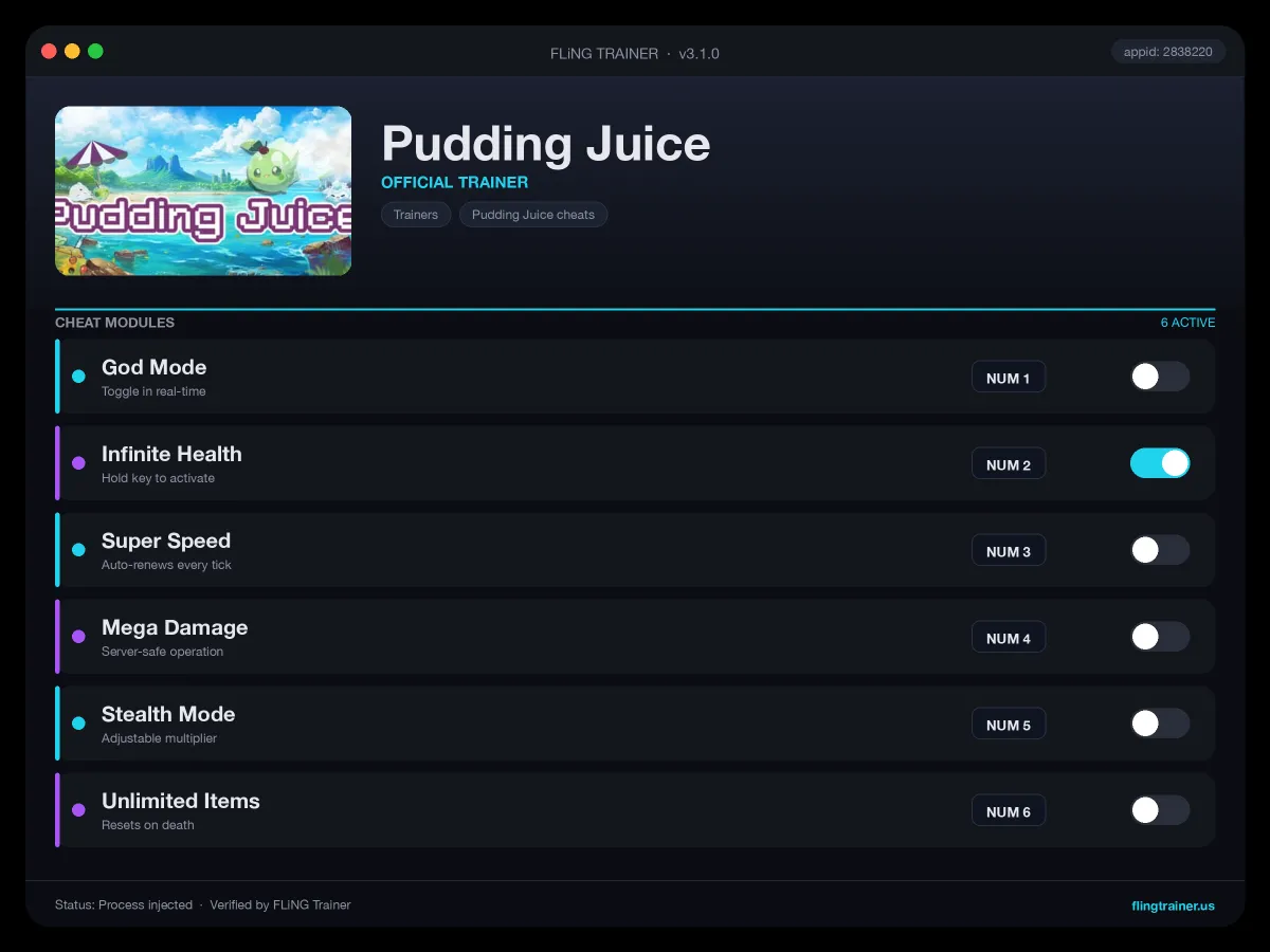 Pudding Juice Trainer interface