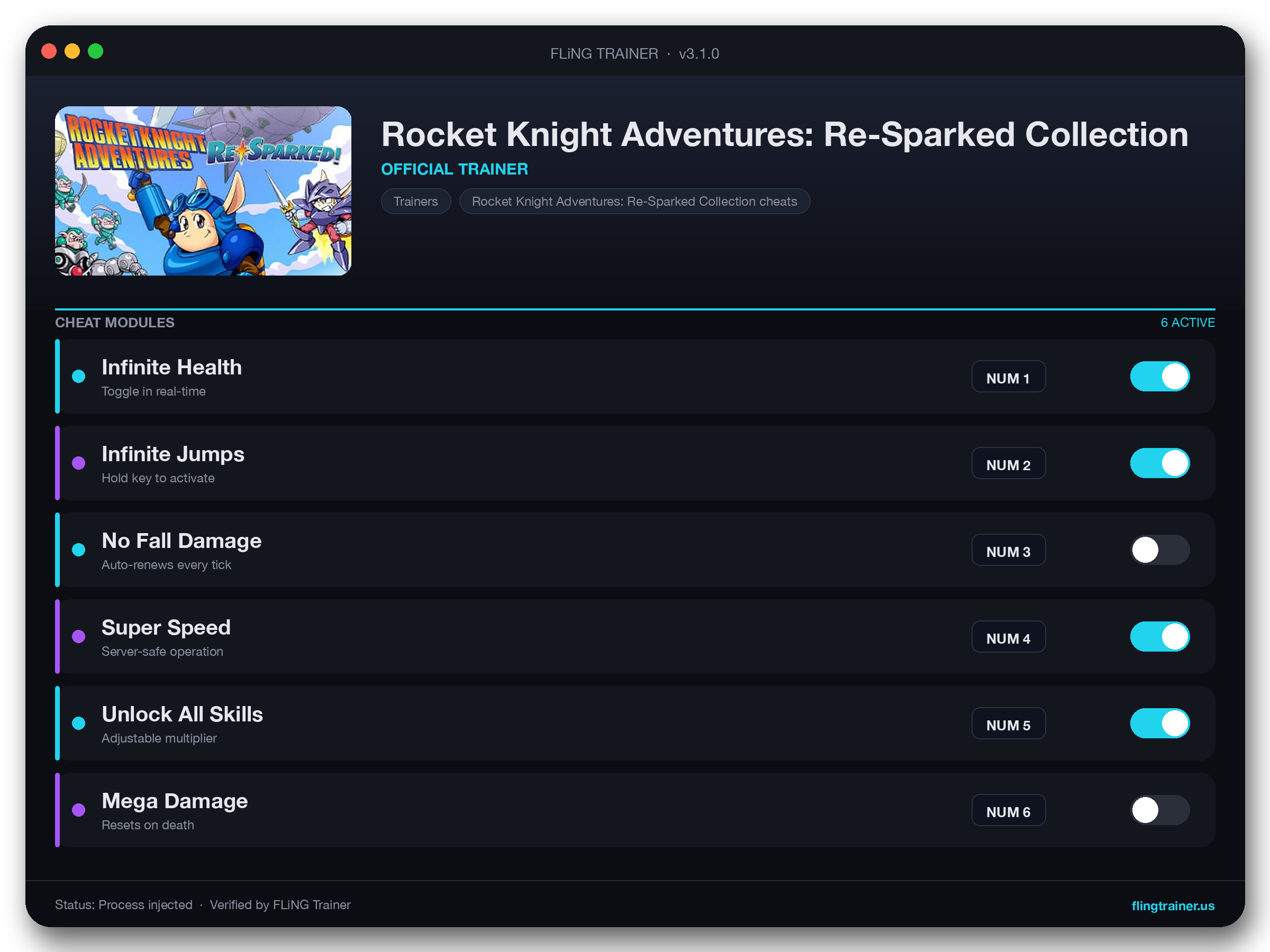 Rocket Knight Adventures: Re-Sparked Collection Trainer interface