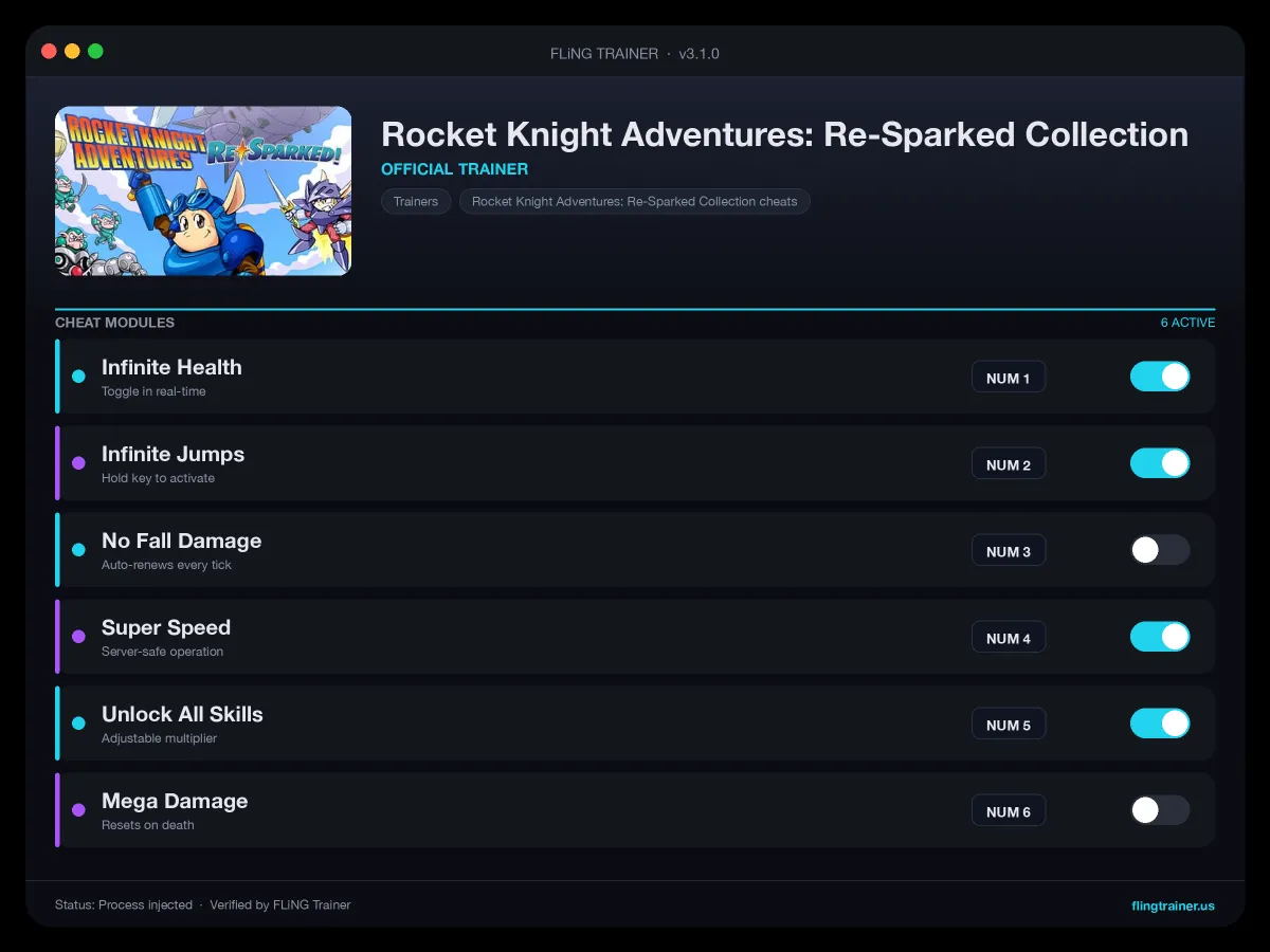 Rocket Knight Adventures: Re-Sparked Collection Trainer interface