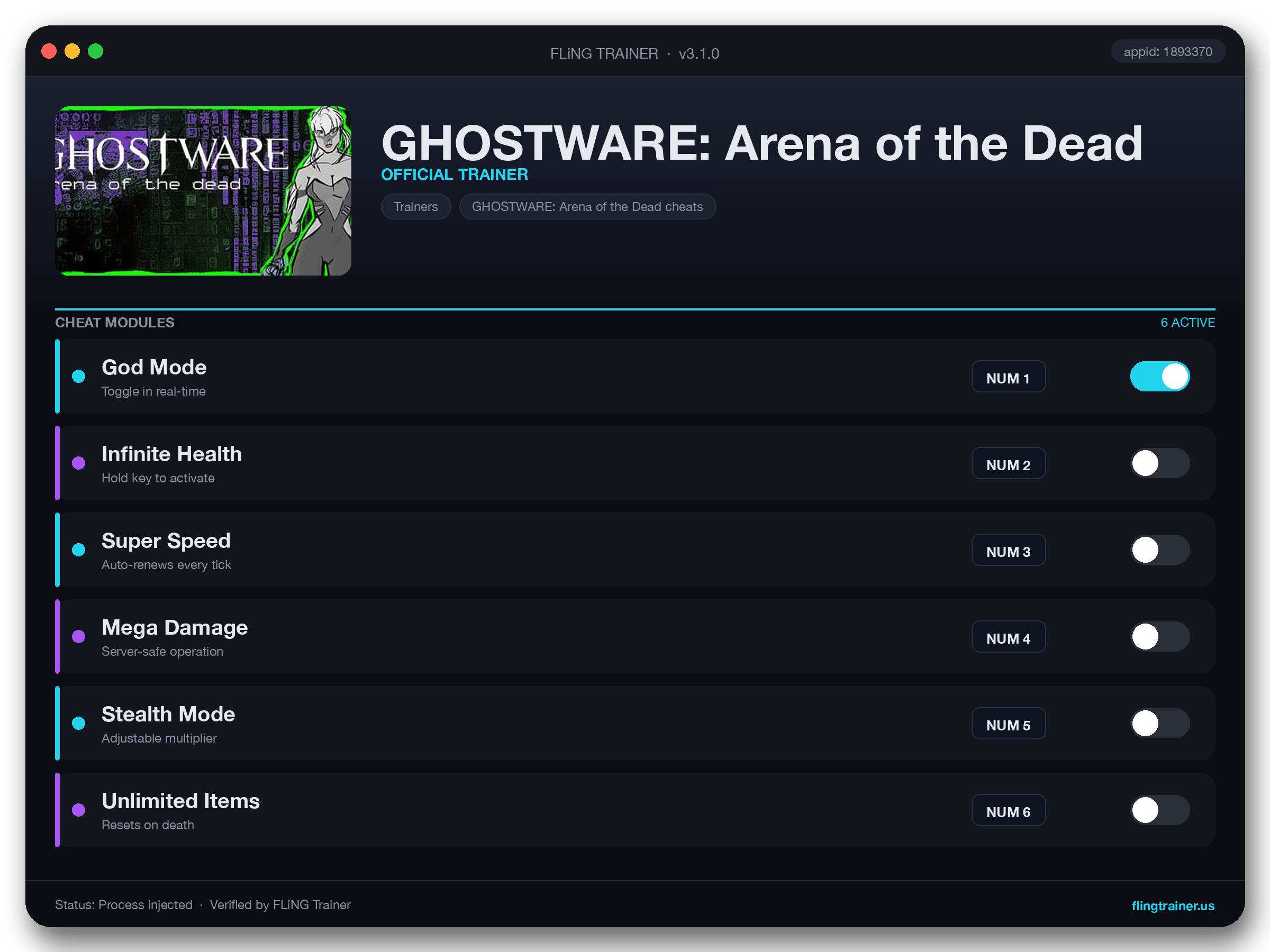 GHOSTWARE: Arena of the Dead Trainer interface