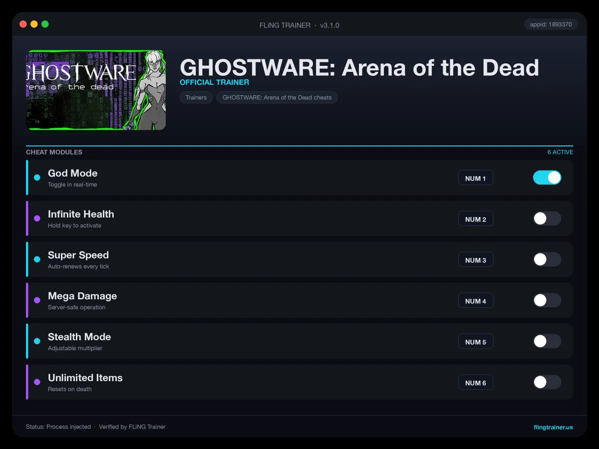 GHOSTWARE: Arena of the Dead Trainer interface