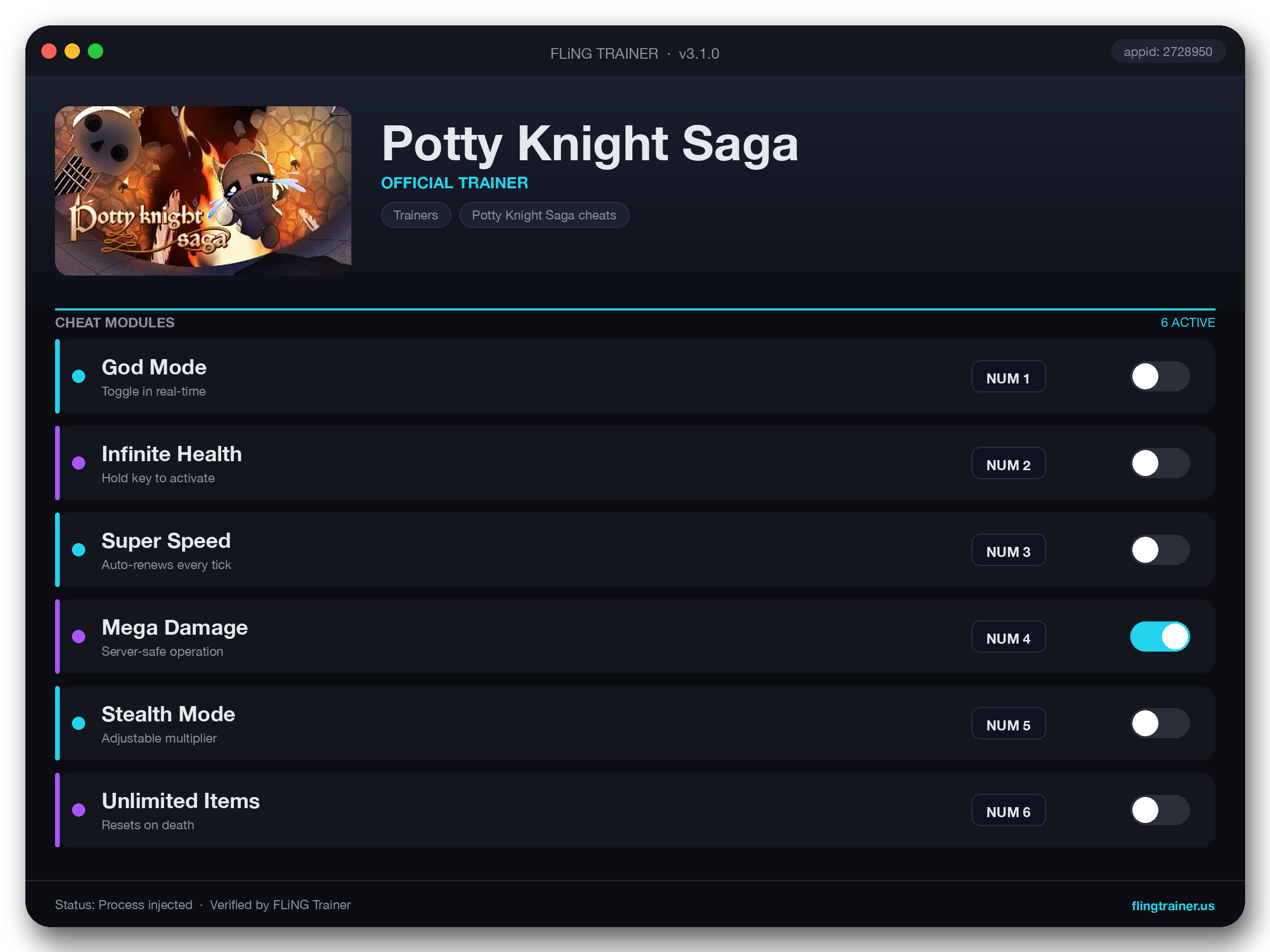 Potty Knight Saga Trainer interface