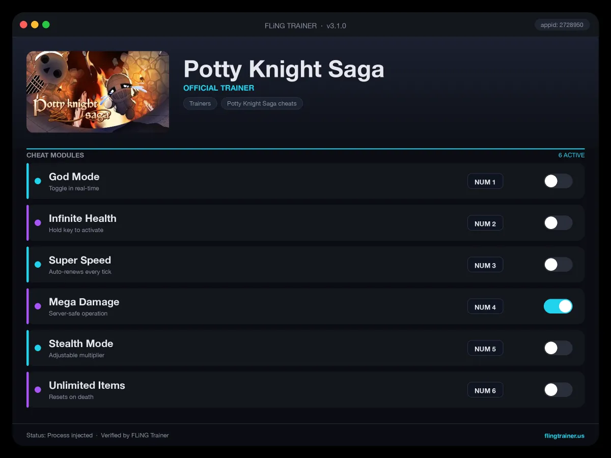 Potty Knight Saga Trainer interface