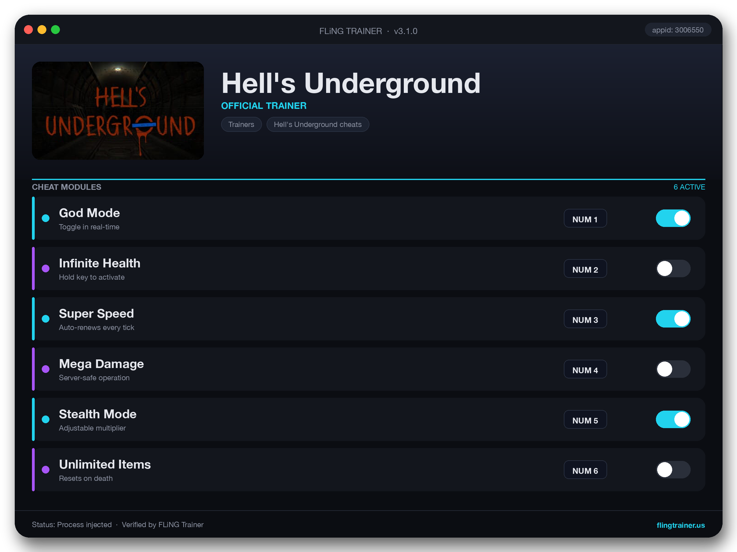 Hell's Underground Trainer interface