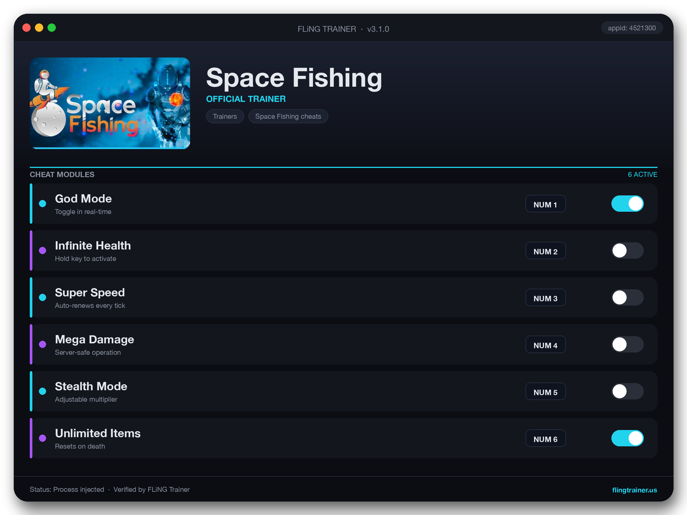 Space Fishing Trainer interface