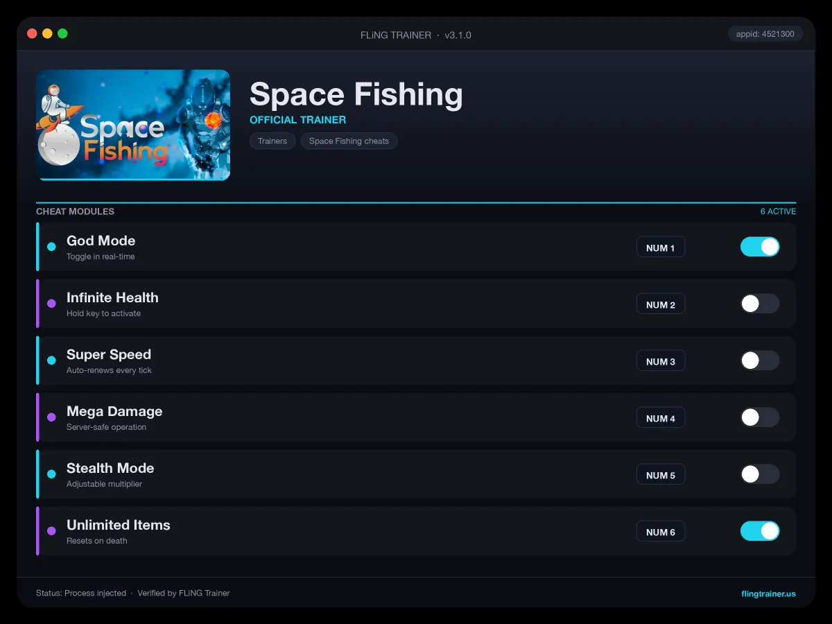 Space Fishing Trainer interface