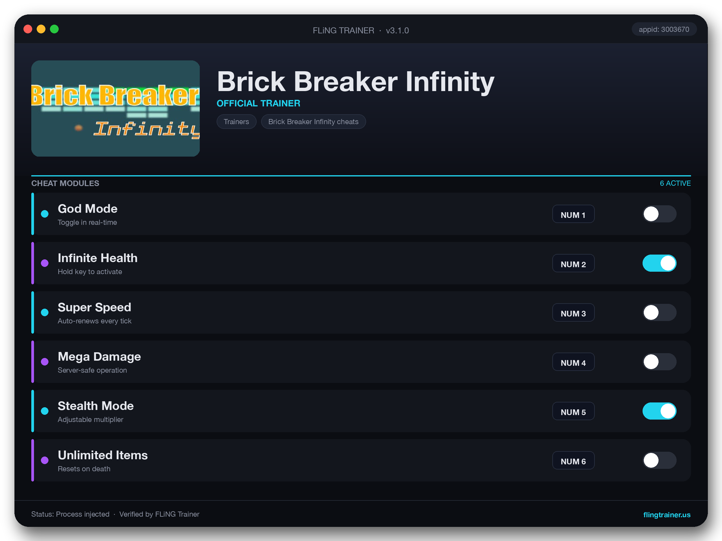 Brick Breaker Infinity Trainer interface