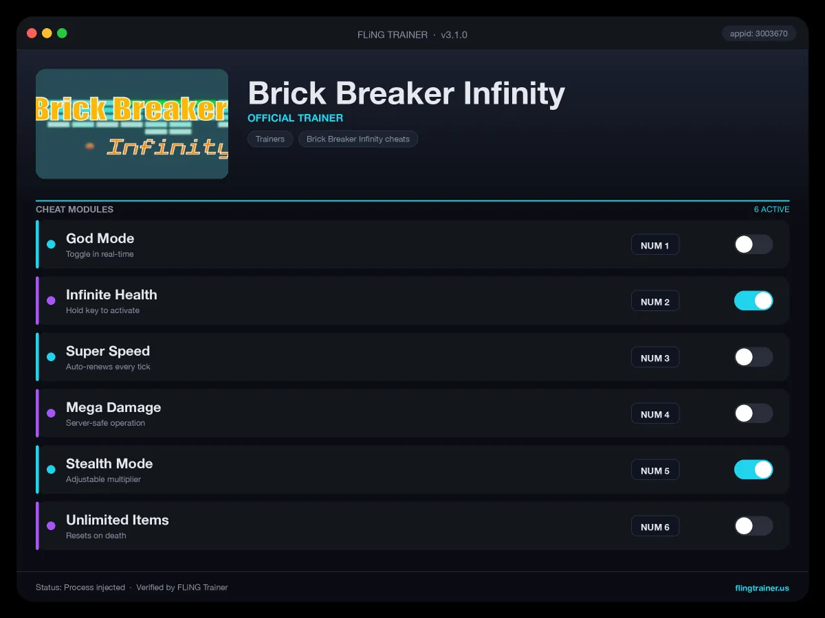 Brick Breaker Infinity Trainer interface