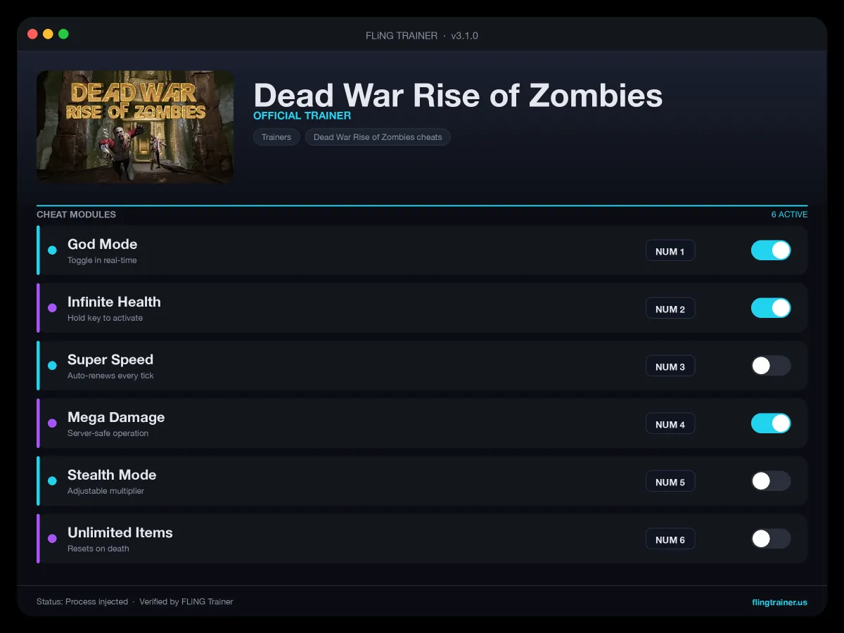 Dead War Rise of Zombies Trainer interface