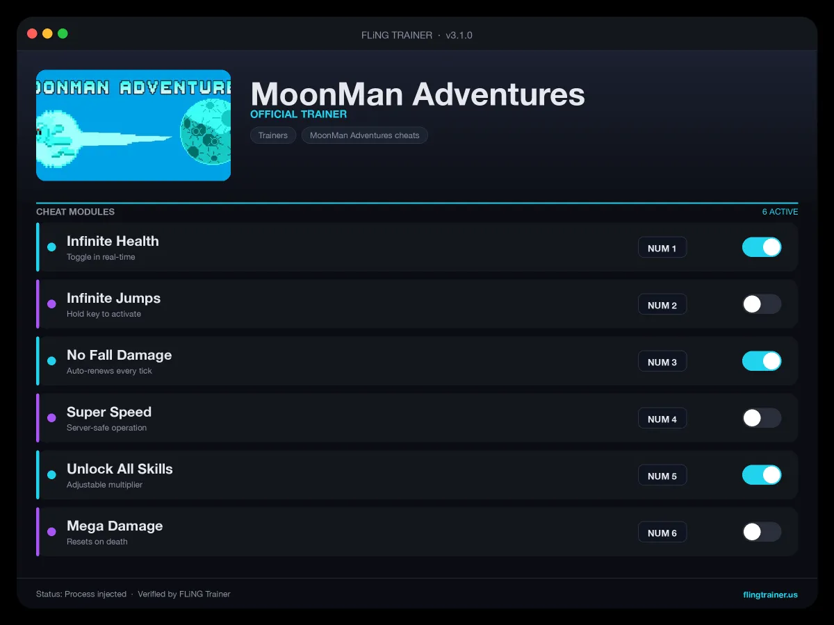 MoonMan Adventures Trainer interface