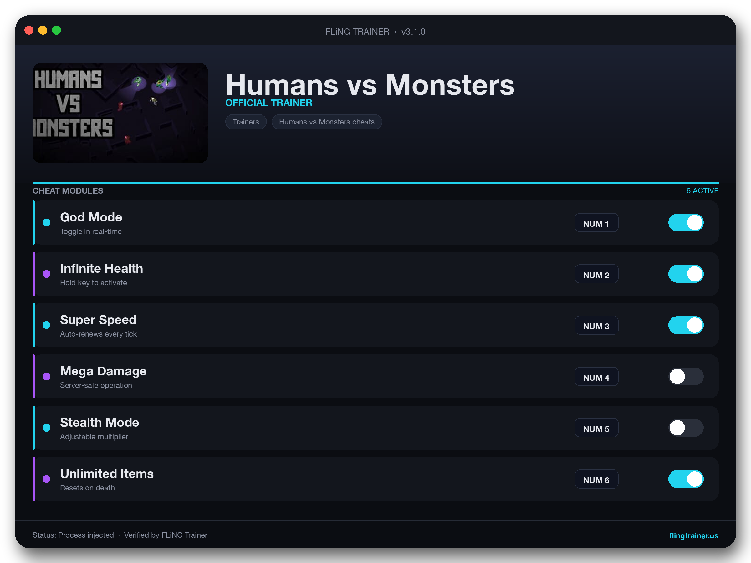 Humans vs Monsters Trainer interface