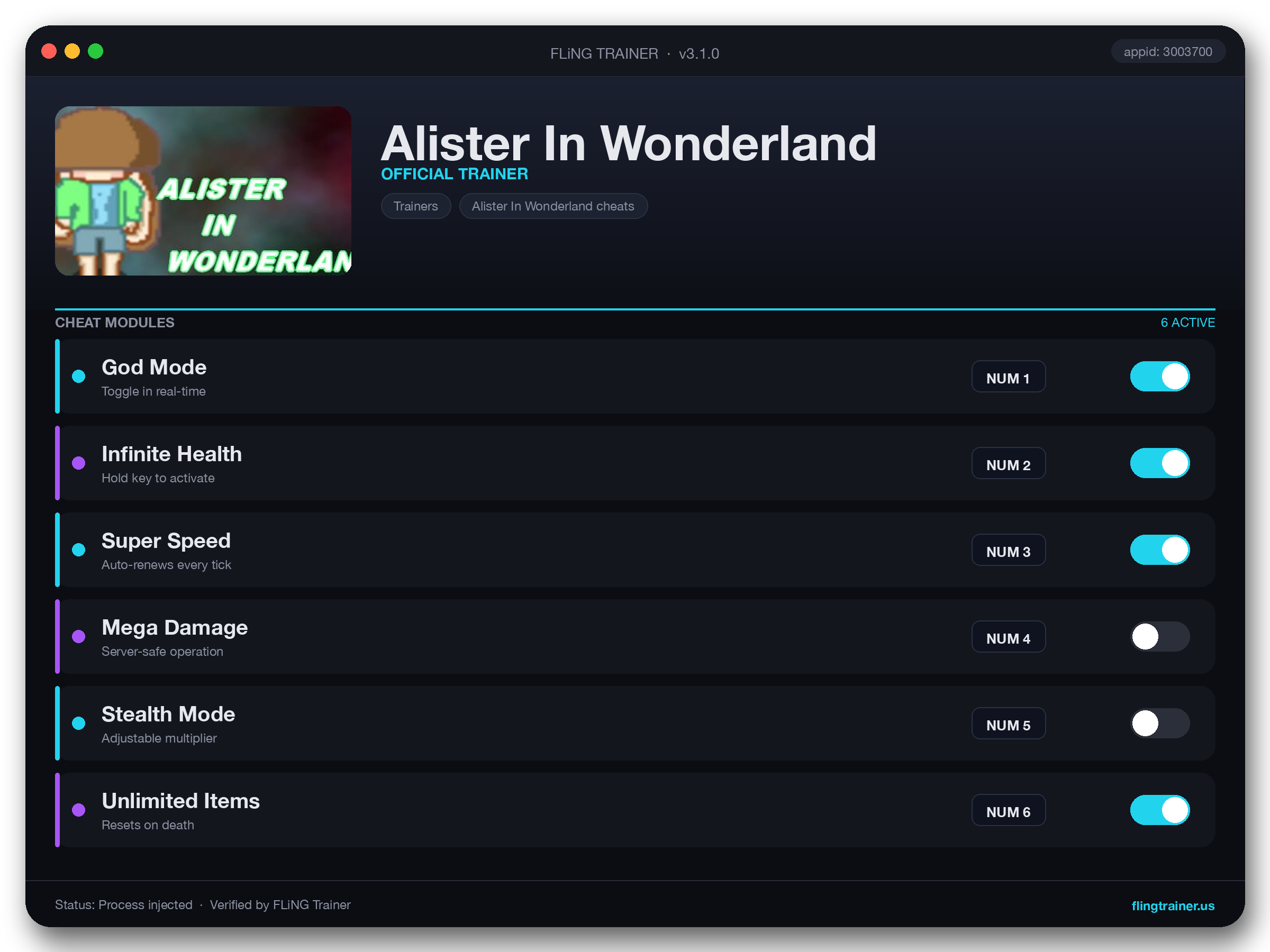 Alister In Wonderland Trainer interface