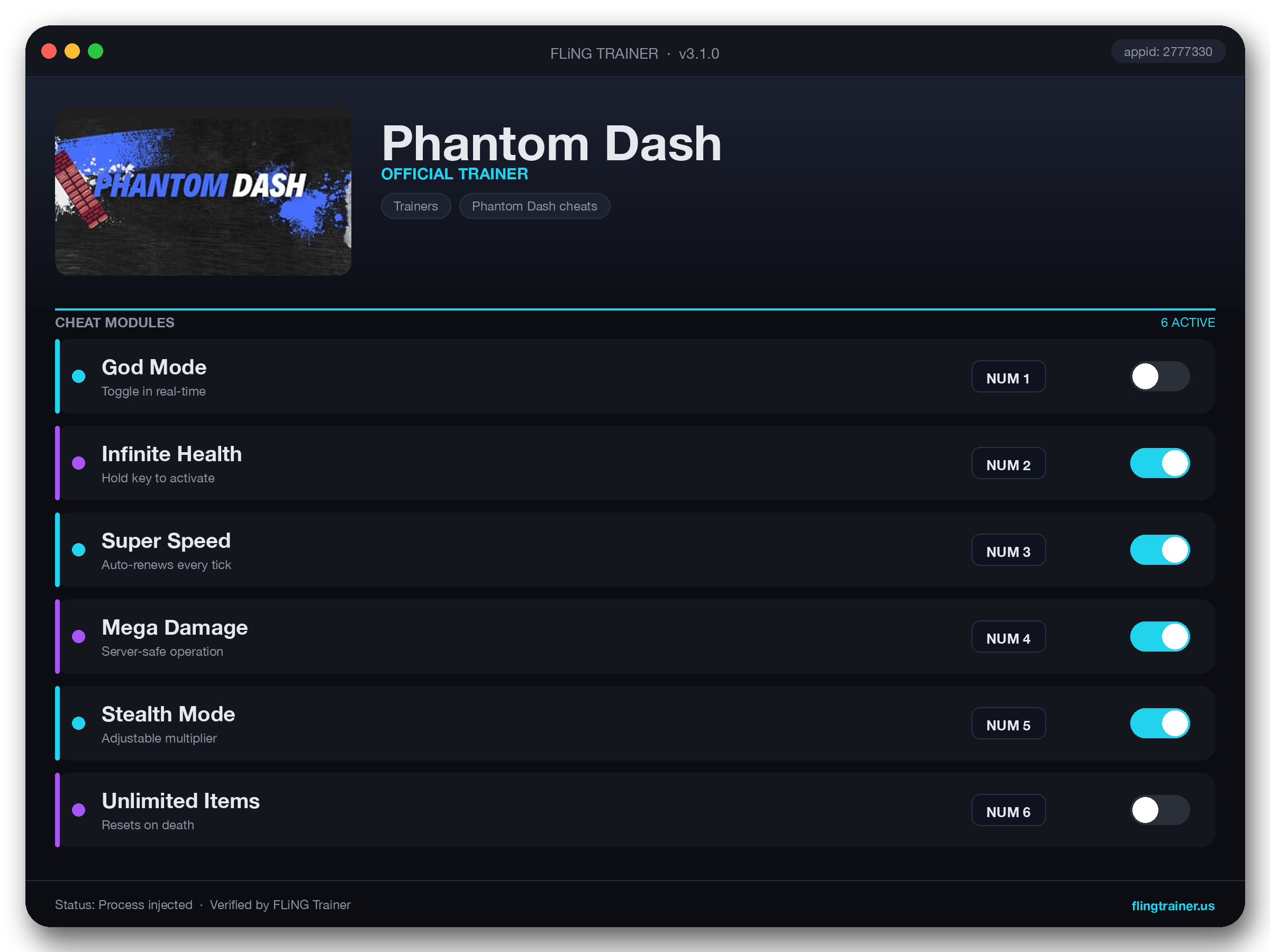 Phantom Dash Trainer interface