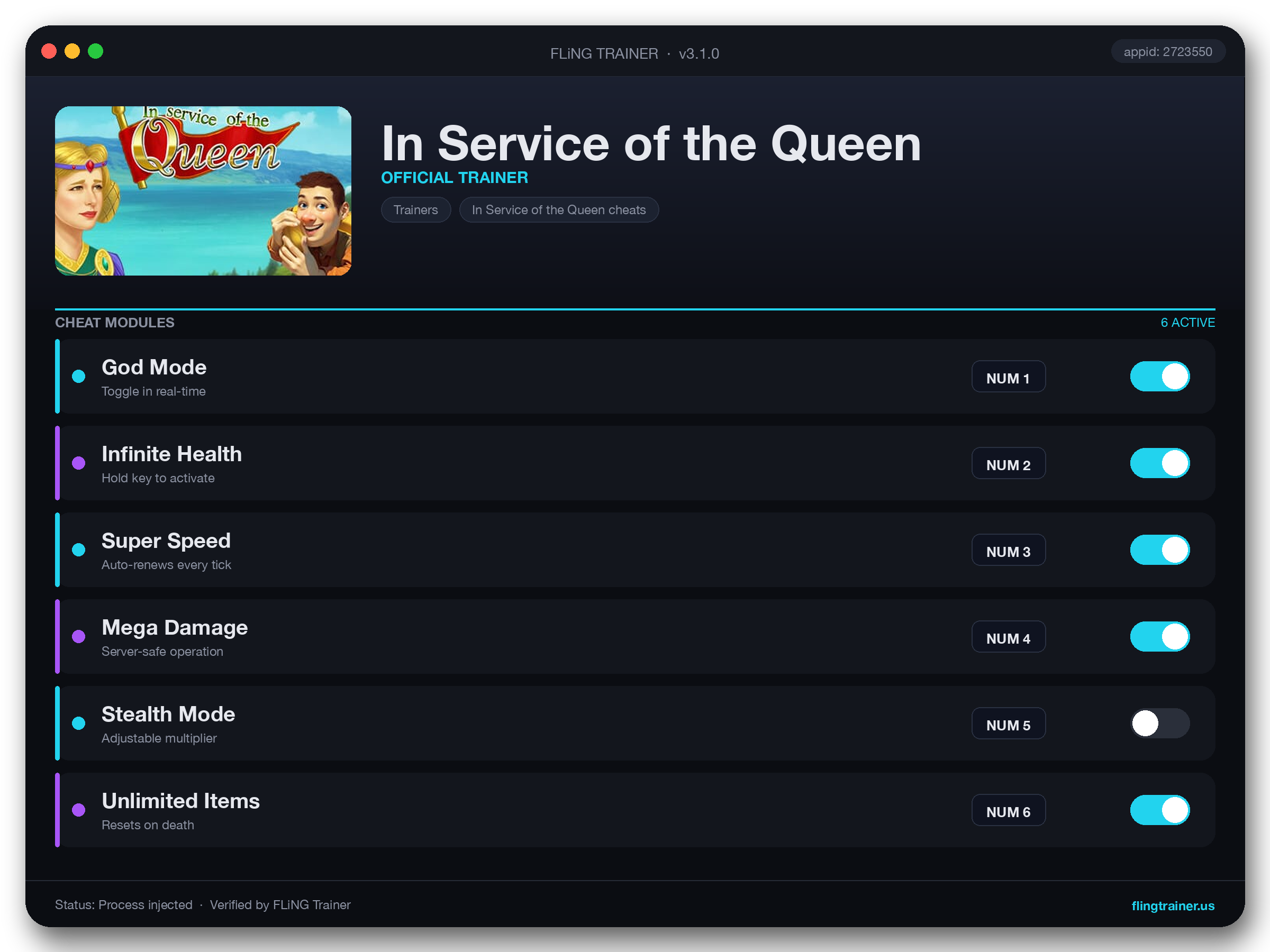 In Service of the Queen Trainer interface