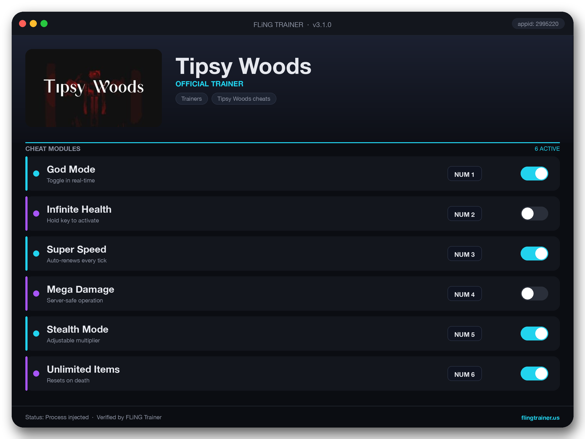 Tipsy Woods Trainer interface