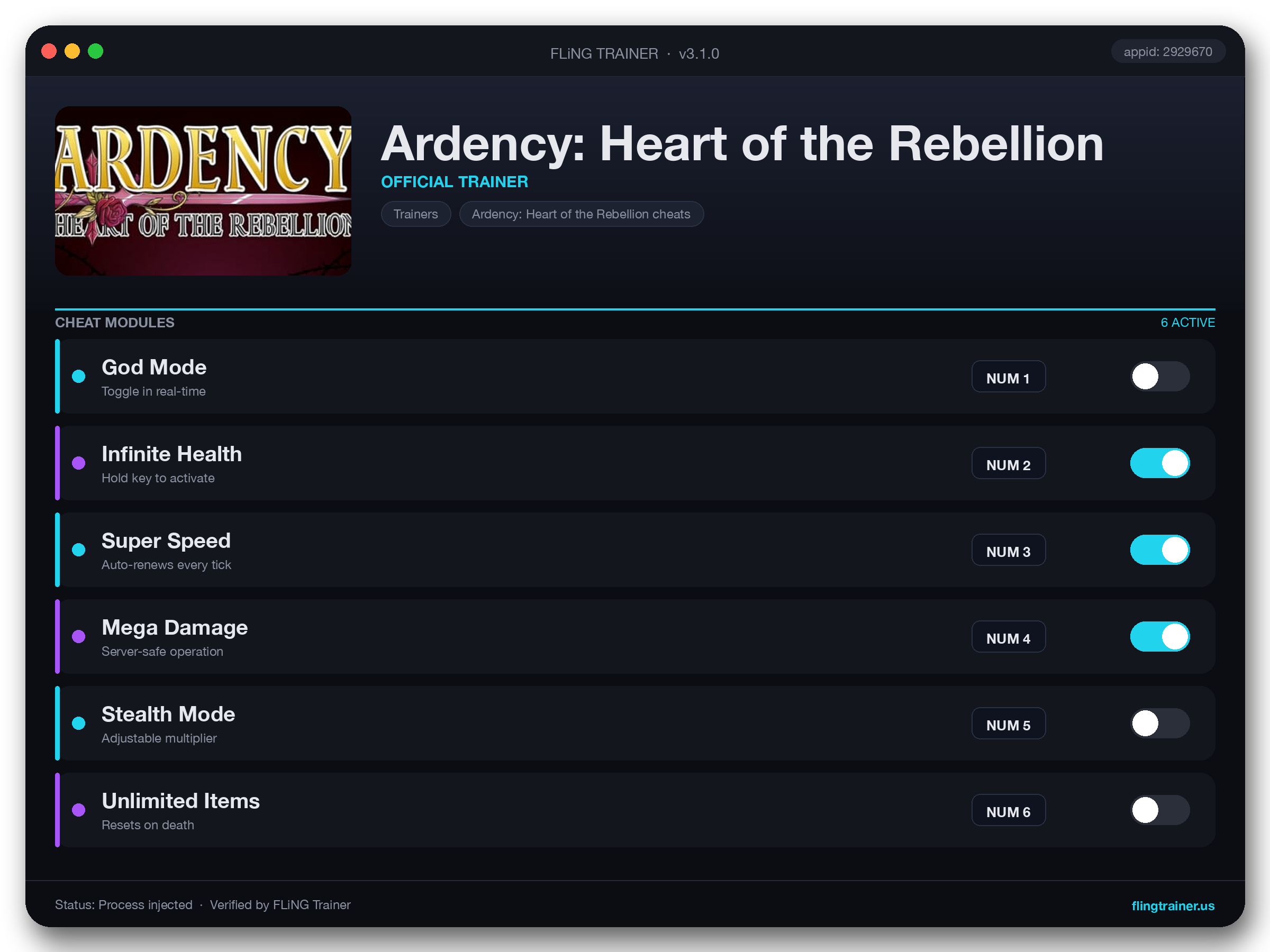 Ardency: Heart of the Rebellion Trainer interface