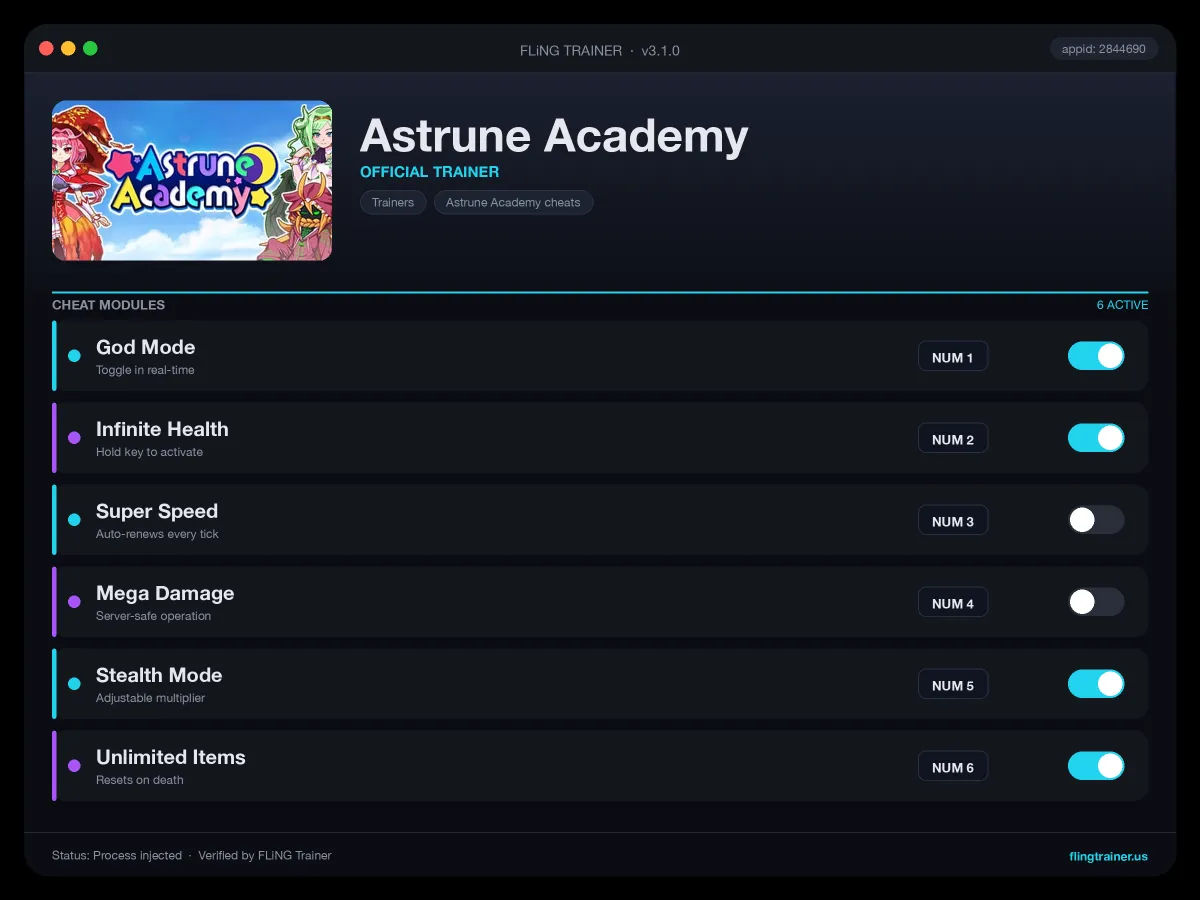 Astrune Academy Trainer interface