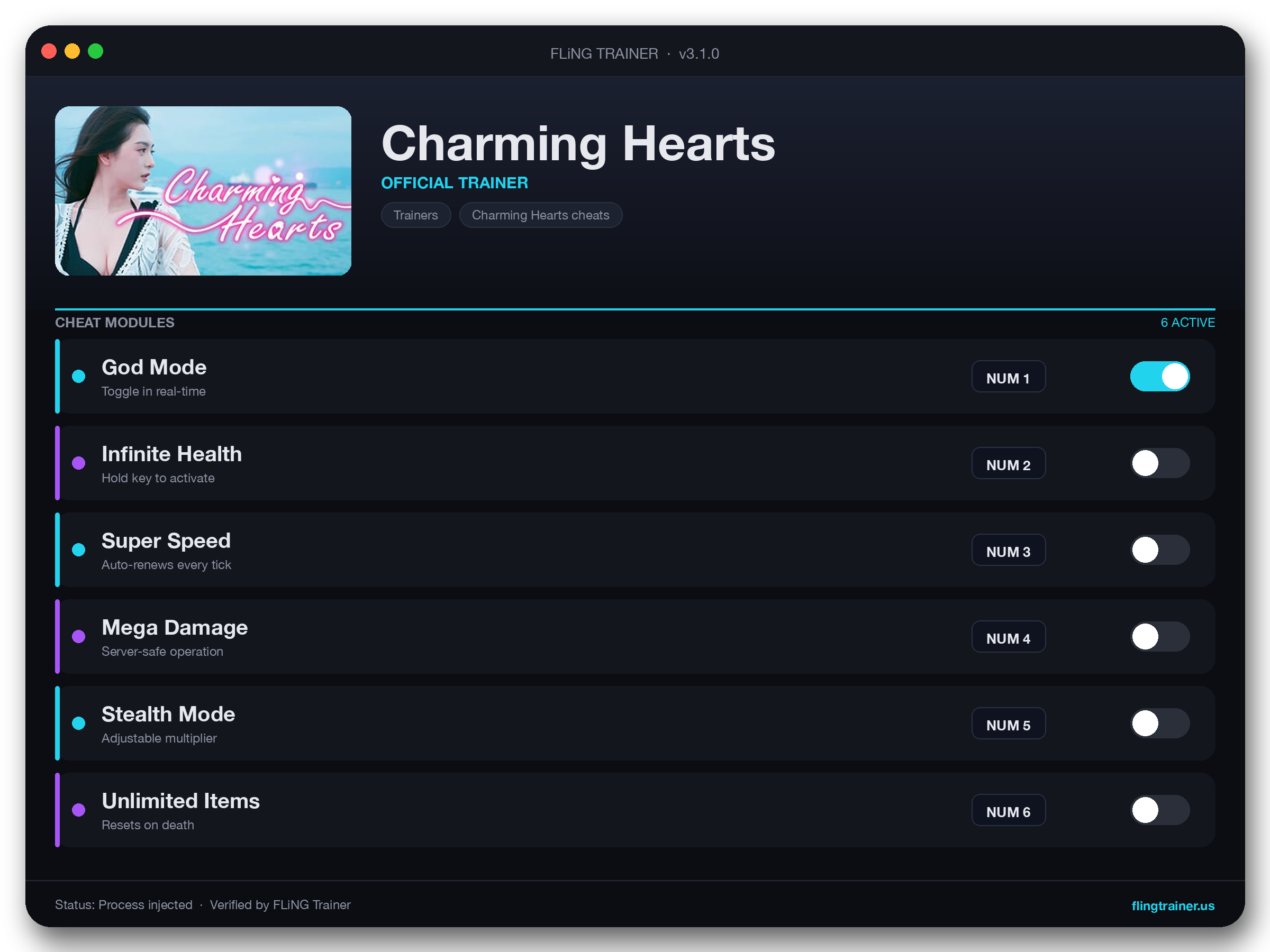 Charming Hearts Trainer interface