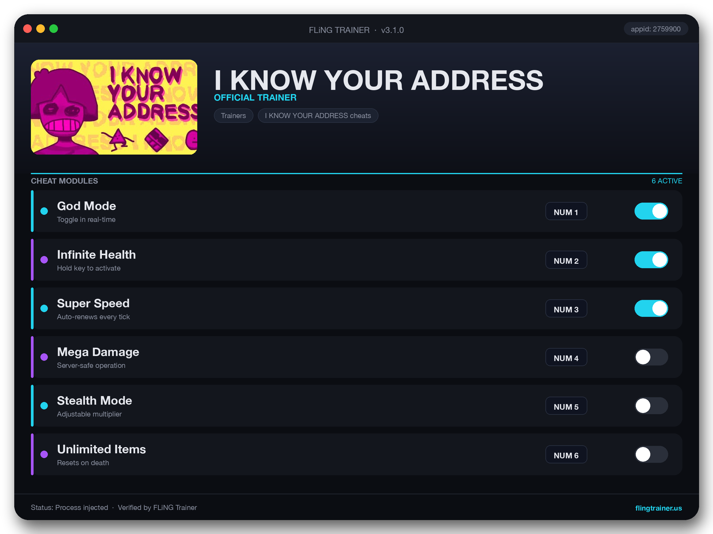 I KNOW YOUR ADDRESS Trainer interface