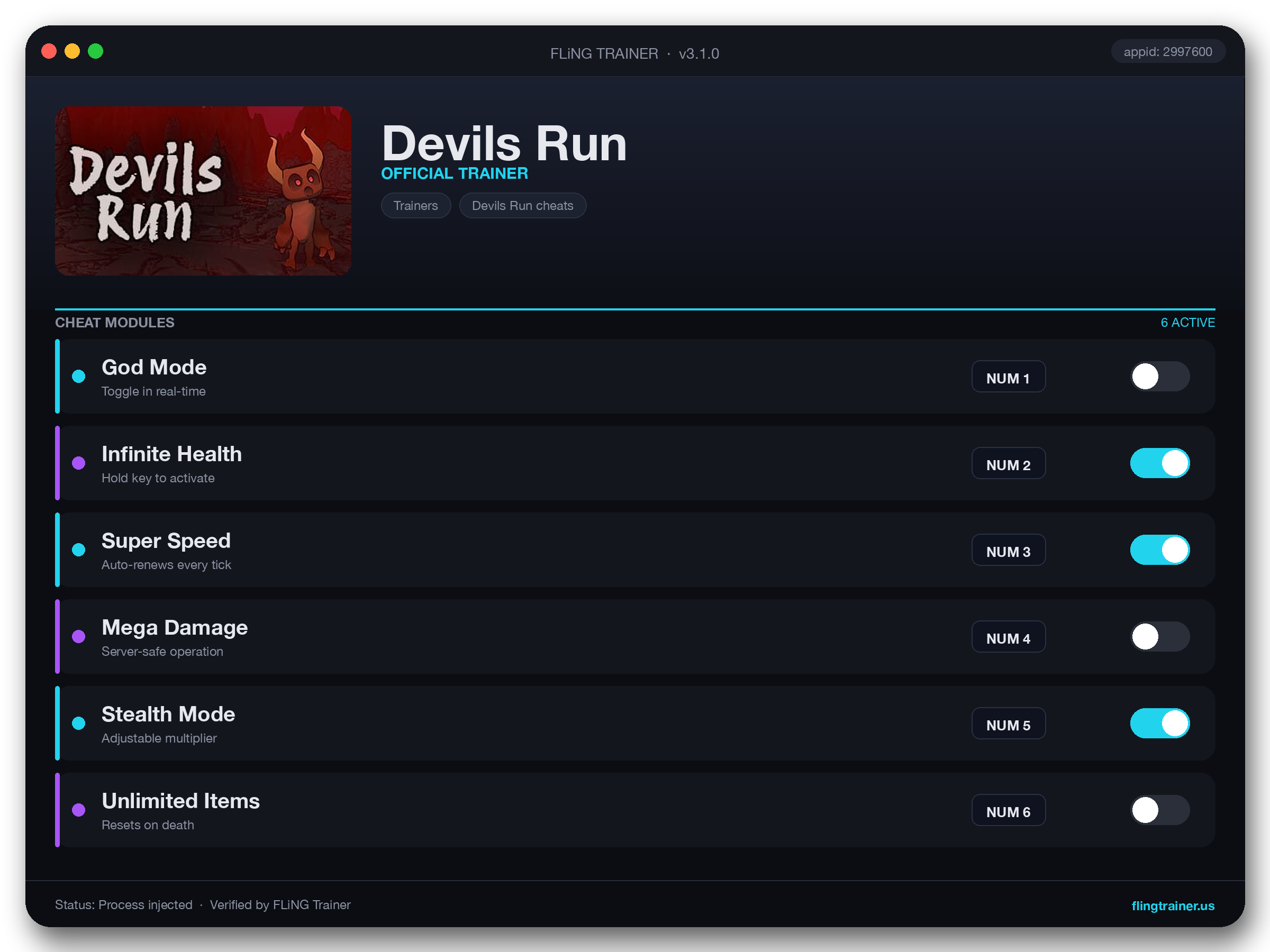 Devils Run Trainer interface